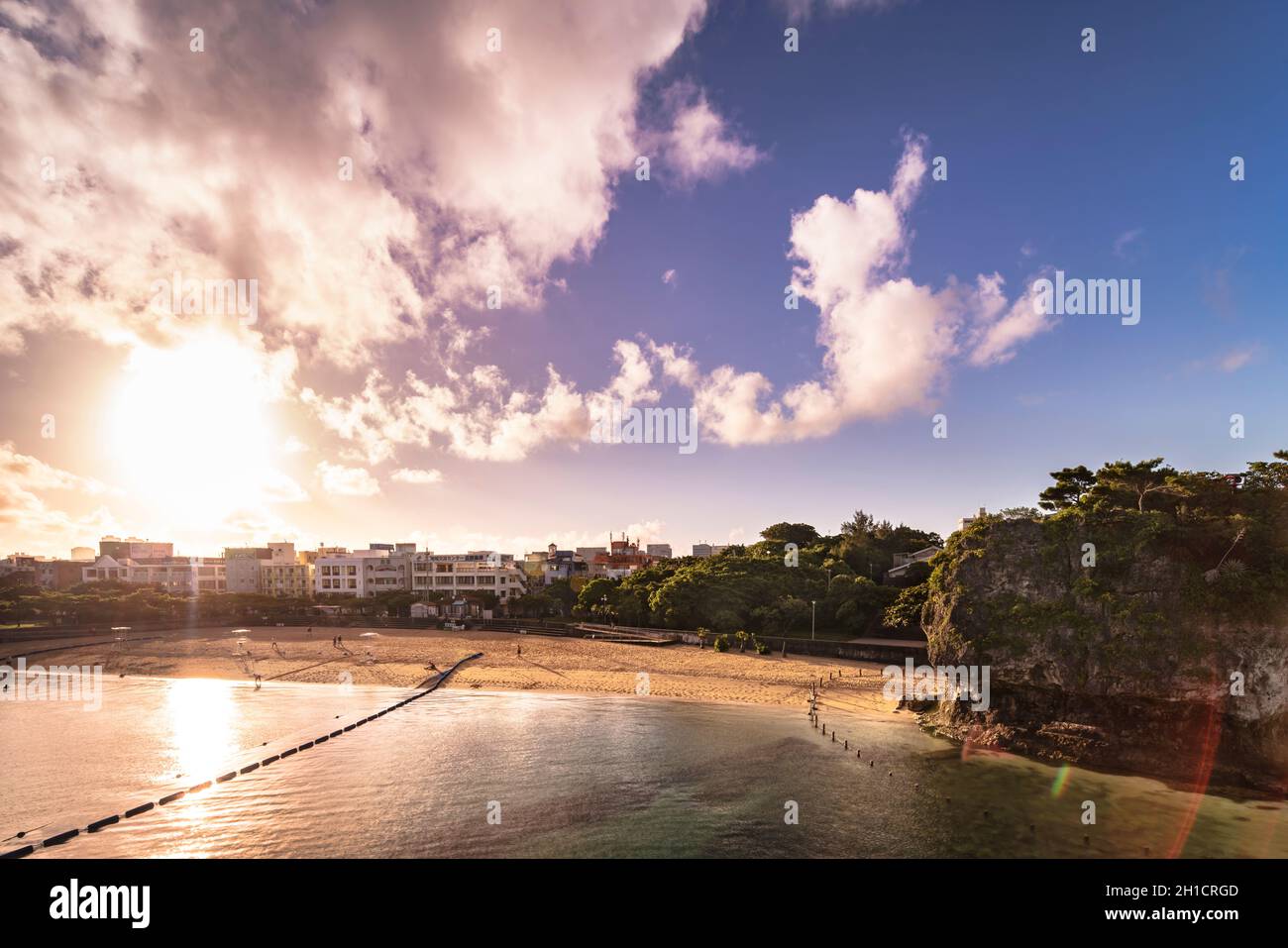 Sunrise landscape of the Shinto Shrine Naminoue at the top of a cliff overlooking the beach and ocean of Naha in Okinawa Prefecture, Japan. Stock Photo