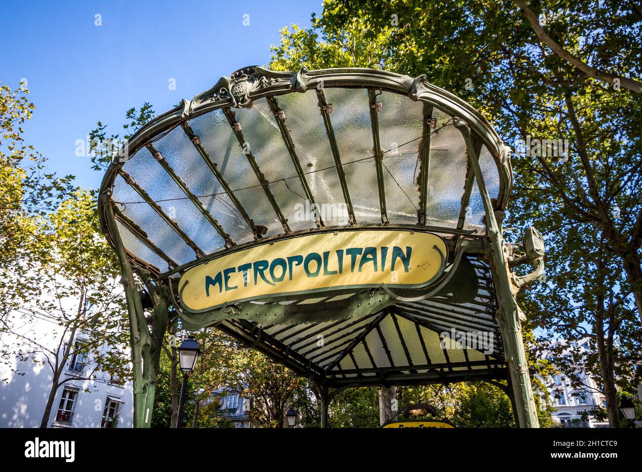 PARIS/FRANCE - September 6, 2019 : Abbesses subway station entrance designed by Hector Guimard at the Butte Montmartre Stock Photo