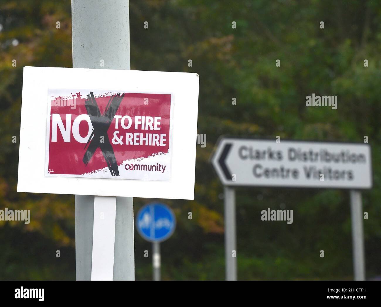 A striking worker sign is seen outside the Clarks distribution centre