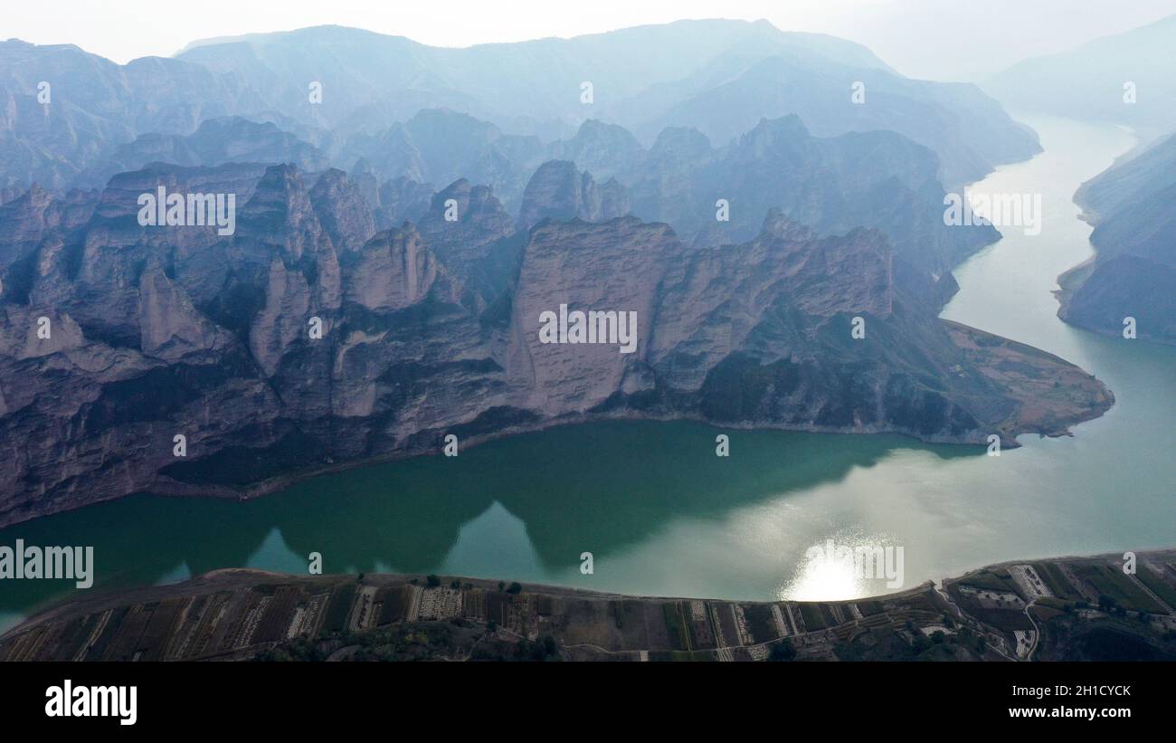 Yongjing. 18th Oct, 2021. Aerial photo taken on Oct. 18, 2021 shows the scenery at Bingling Danxia National Geological Park in Yongjing County, northwest China's Gansu Province. Credit: Shi Youdong/Xinhua/Alamy Live News Stock Photo