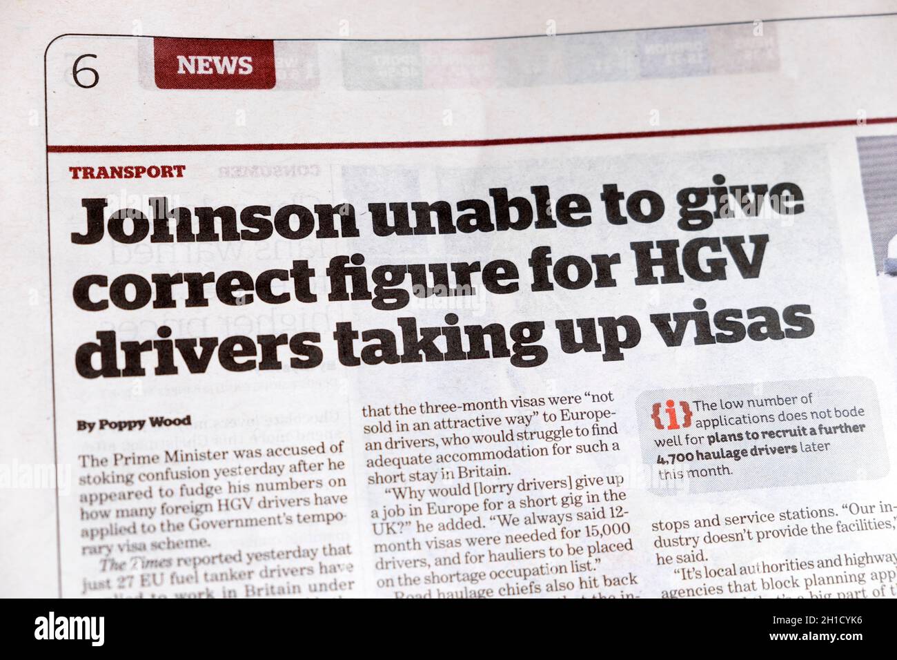 'Johnson unable to give correct figure for HGV drivers taking up visas' i newspaper headline earticle transport news 5 October 2021 London England UK Stock Photo