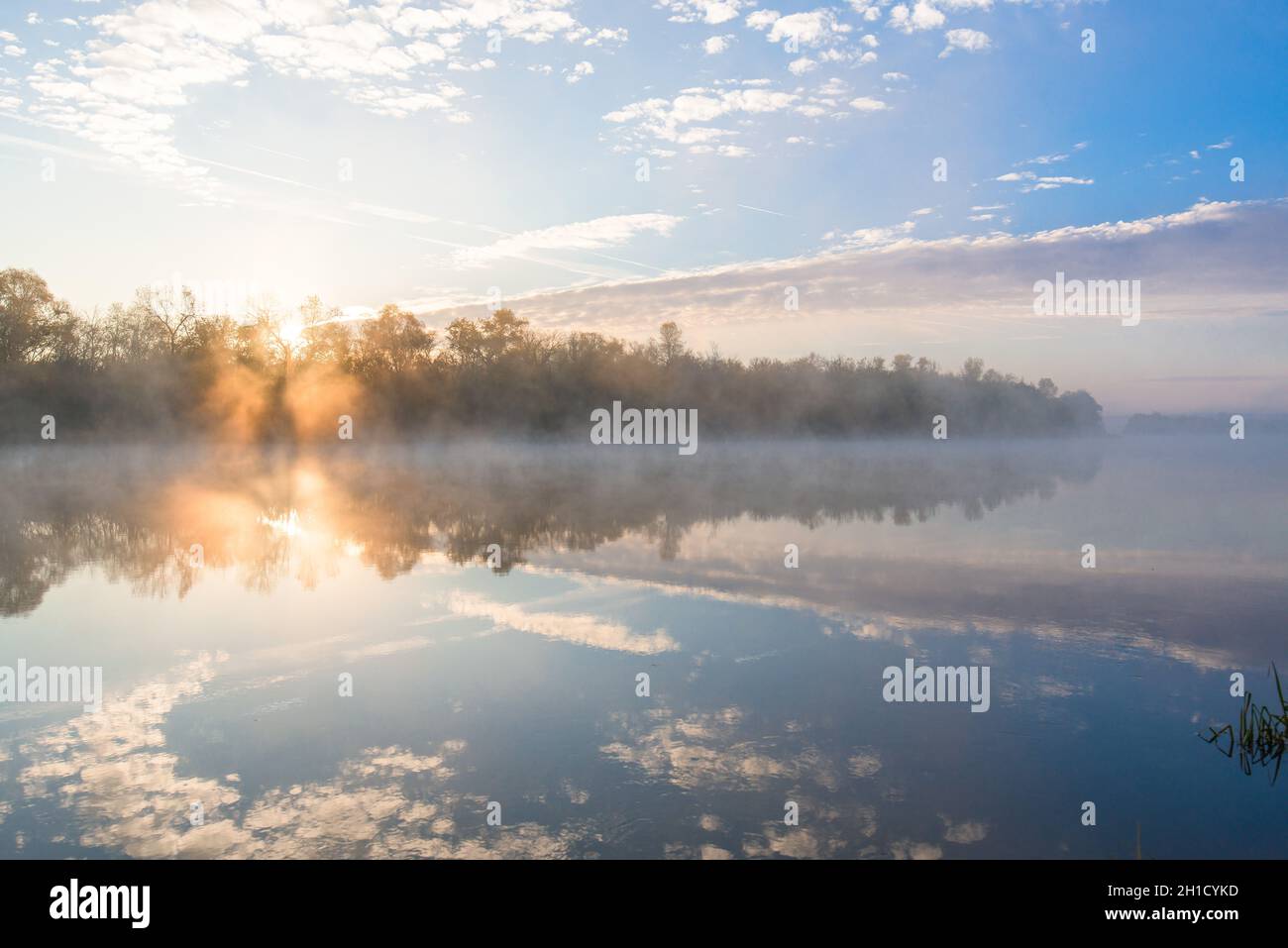 autumn landscape river in the morning fog over the water. panorama of ...
