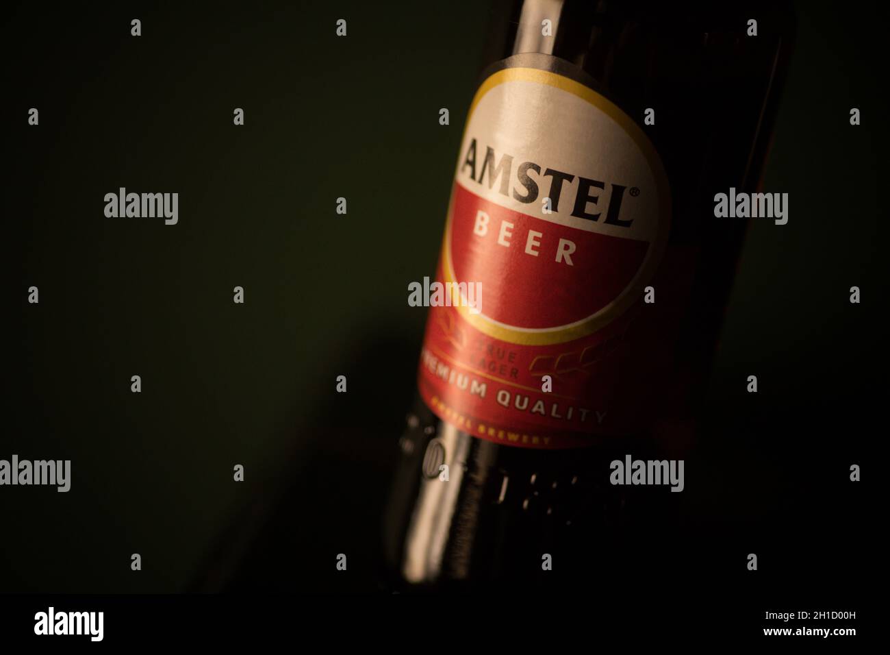 Bucharest Romania - February 16, 2020: Illustrative editorial shot a bottle of Amstel beer in Bucharest, Romania. Stock Photo