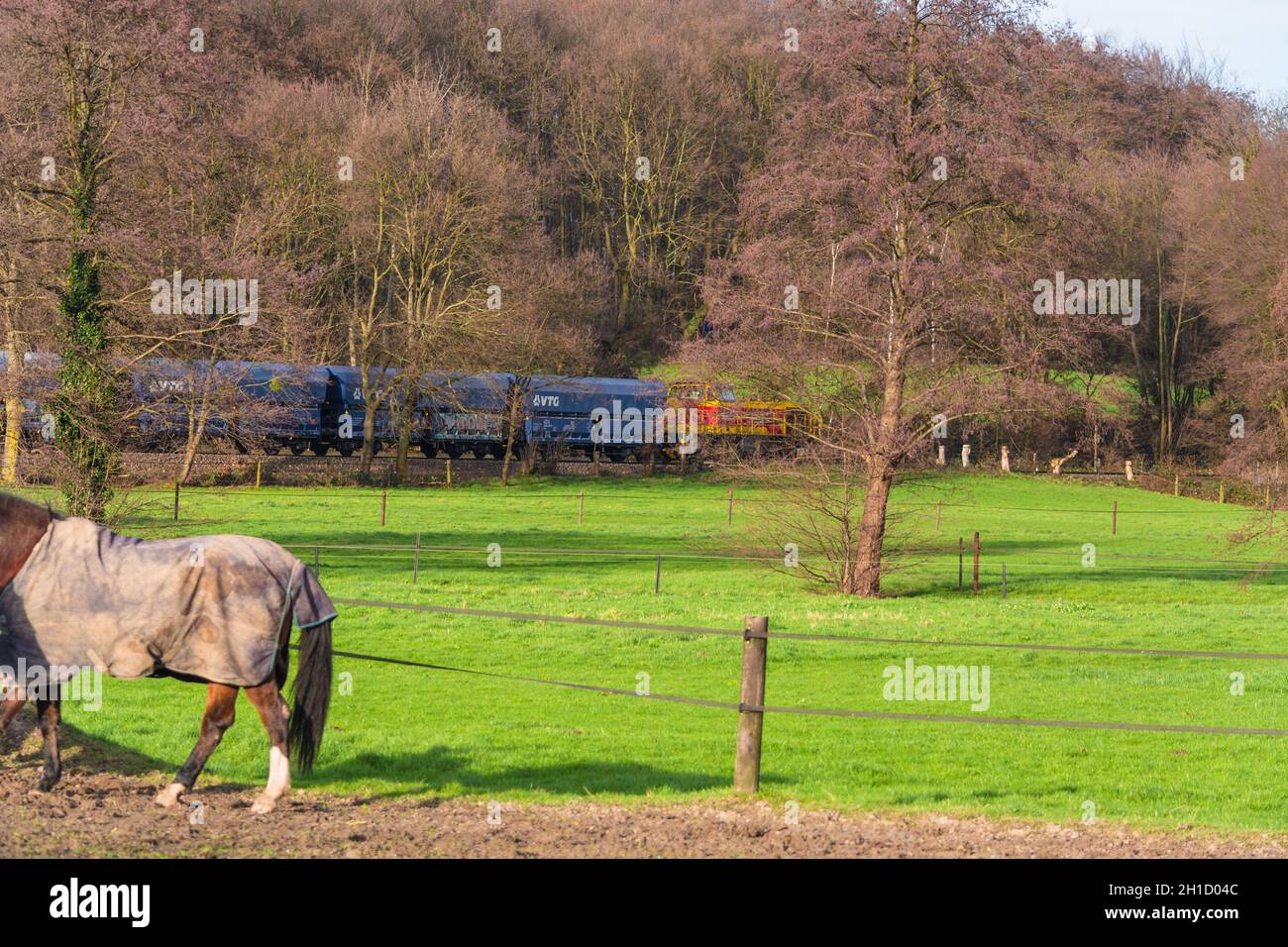 RATINGEN, NRW, GERMANY - DECEMBER 28, 2015: Locomotive at the railroad crossing in Ratingen at the moated castle 'house to house'. By propelled fast t Stock Photo