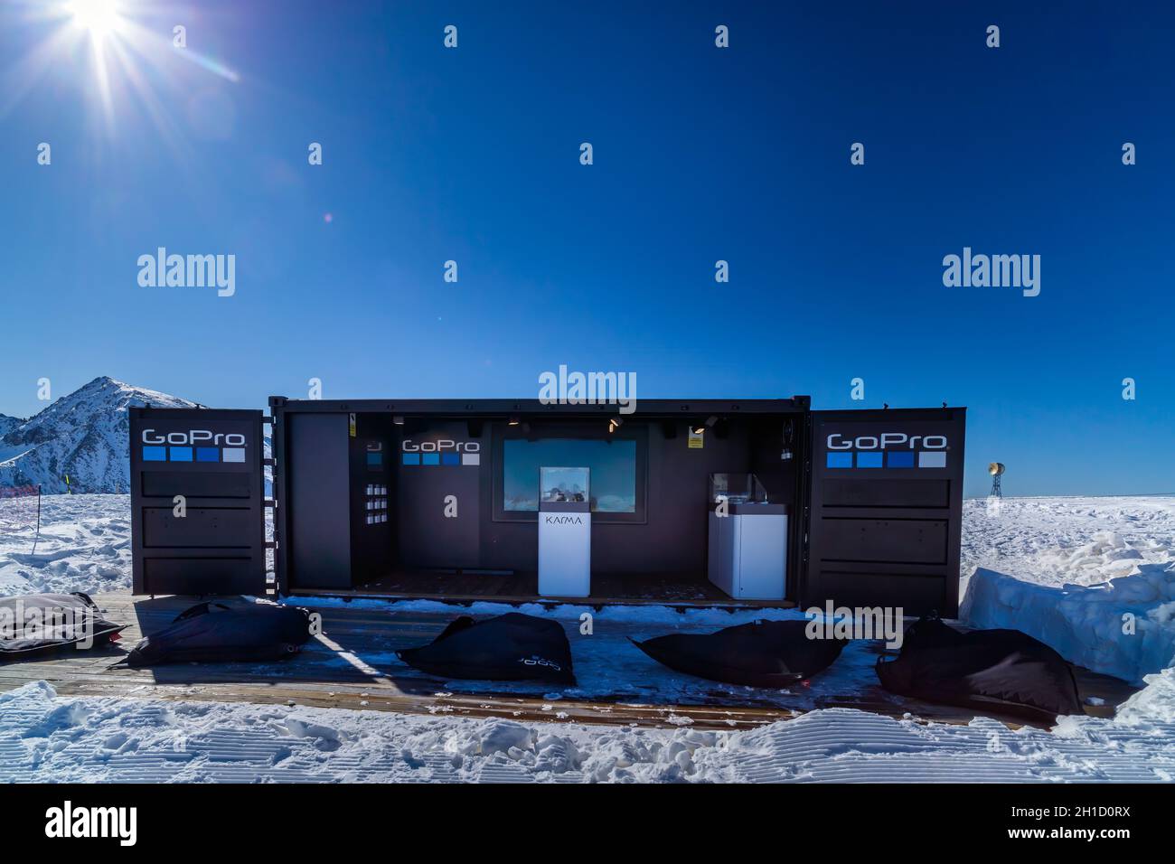 El Tarter, Andorra, Jan 2018 GoPro advertising their new product, Karma drone displayed in barrack on the top of mountain peak in Pyrenees Stock Photo