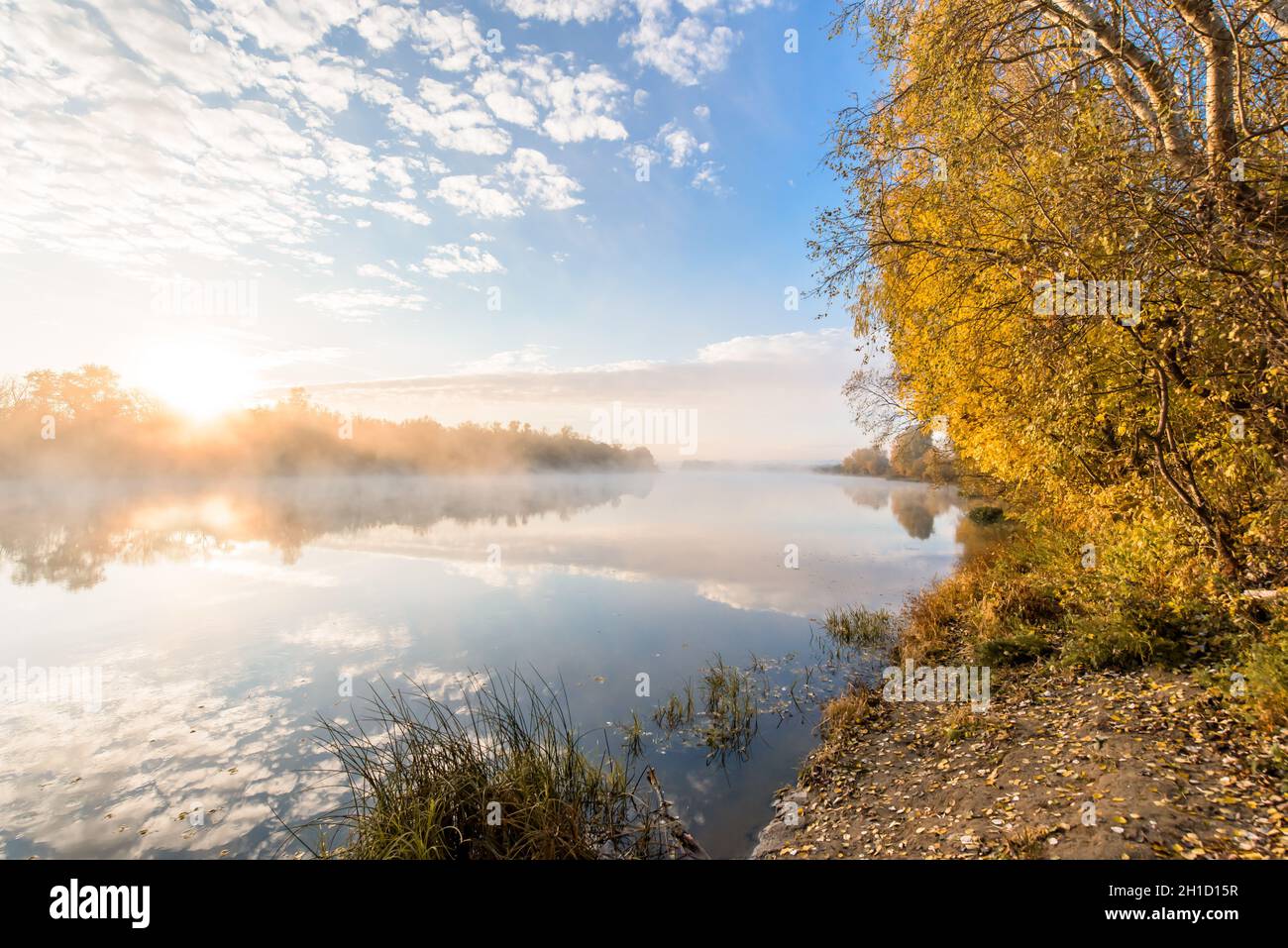 autumn landscape river in the morning fog over the water. panorama of ...