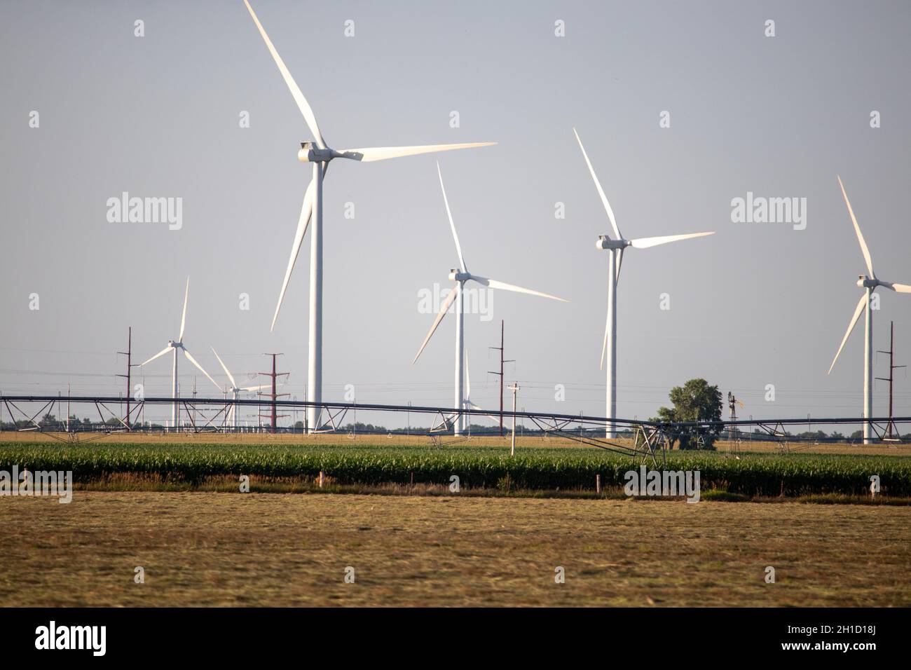 O'Neill, Nebraska, US July 22, 2019 Wind Farm In Nebraska Farm Land Wind Power Turbine Up Close