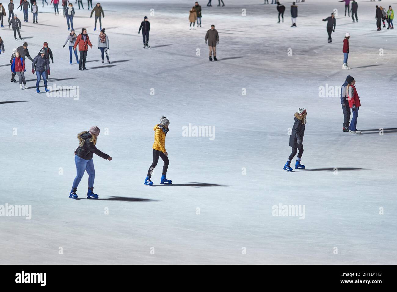 BUDAPEST, HUNGARY CIRCA 2020 People ice skating on the City Park Ice