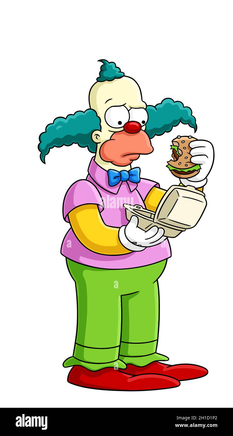 krusty the clown simpsons illustration funny cartoon eating burger editorial Stock Photo