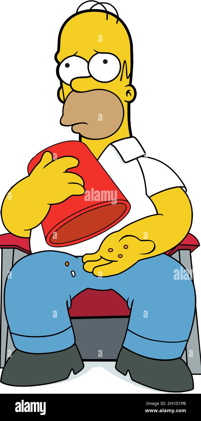 Homer Simpson character cartoon eating popcorn cinema illustration editorial Stock Photo