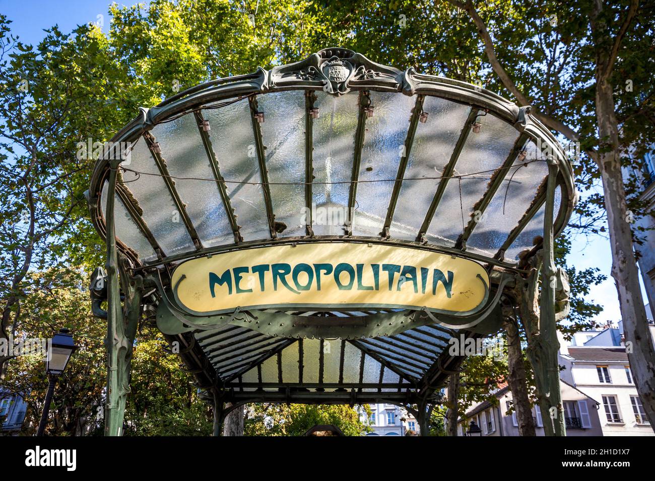 PARIS/FRANCE - September 6, 2019 : Abbesses subway station entrance designed by Hector Guimard at the Butte Montmartre Stock Photo