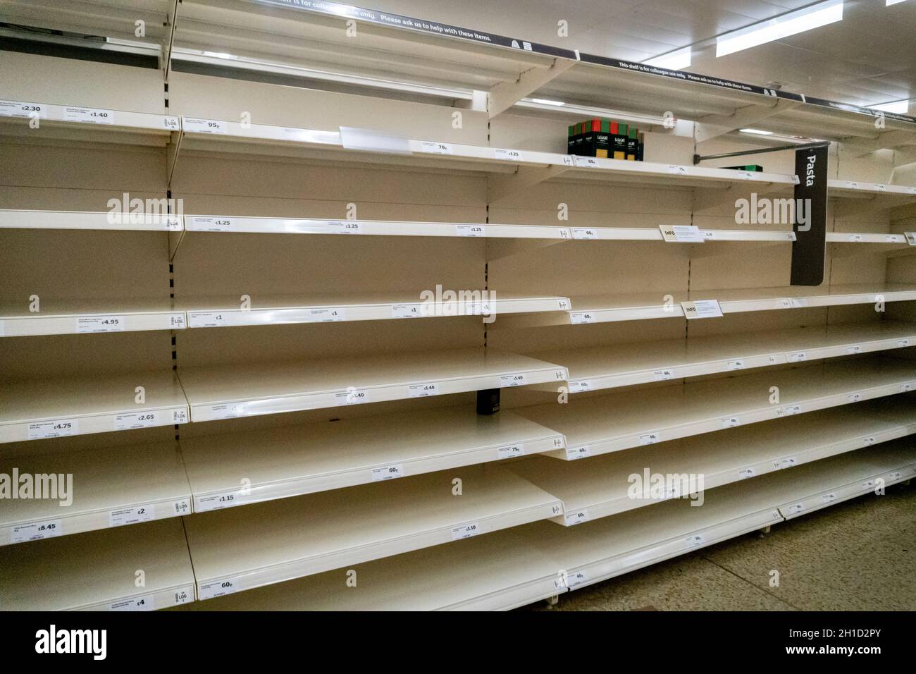 Empty pasta shelves in the supermarket due to coronavirus panic buying