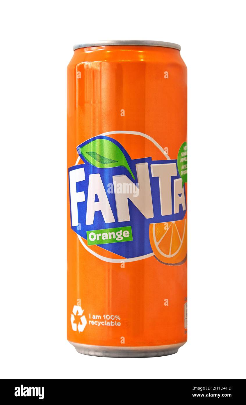 Brussels, Belgium -13 October 2021; Aluminum can with sweet carbonated drink Fanta isolated on a white background, made for Belgium. Popular beverage Stock Photo