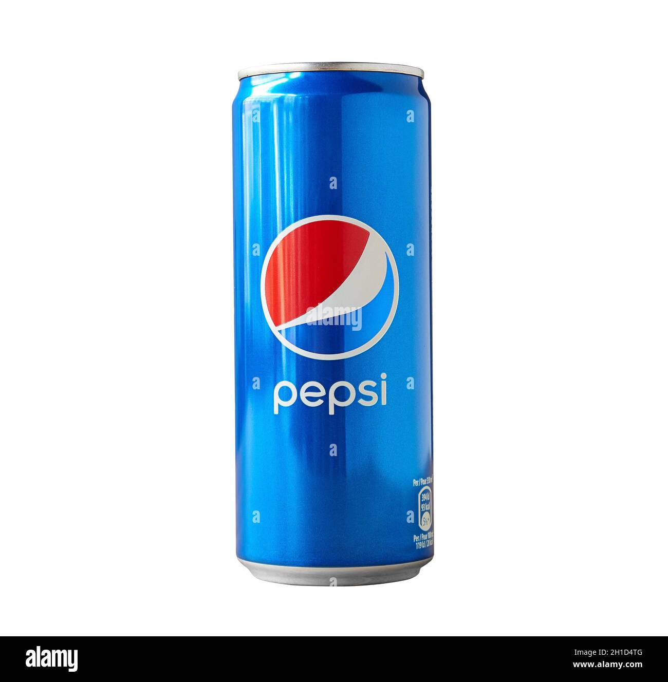 Brussels, Belgium -02 October 2021; Aluminum can with sweet carbonated drink pepsi isolated on a white background, made for Belgium. Popular beverage Stock Photo