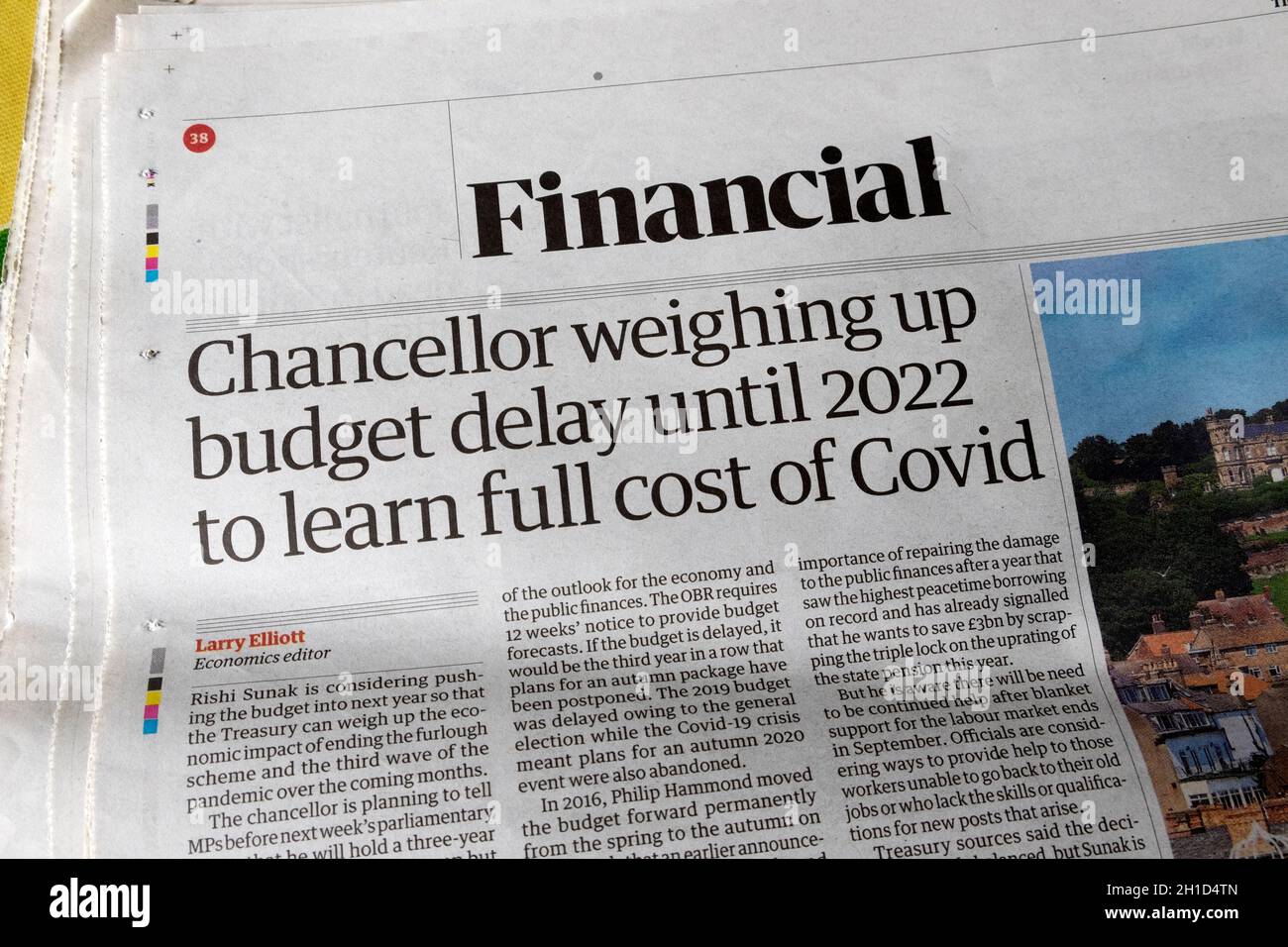 Guardian Financial newspaper headline Rishi Sunak "Chancellor weighing up budget delay until 2022 to learn full cost of covid" 16 July 2021 London UK Stock Photo