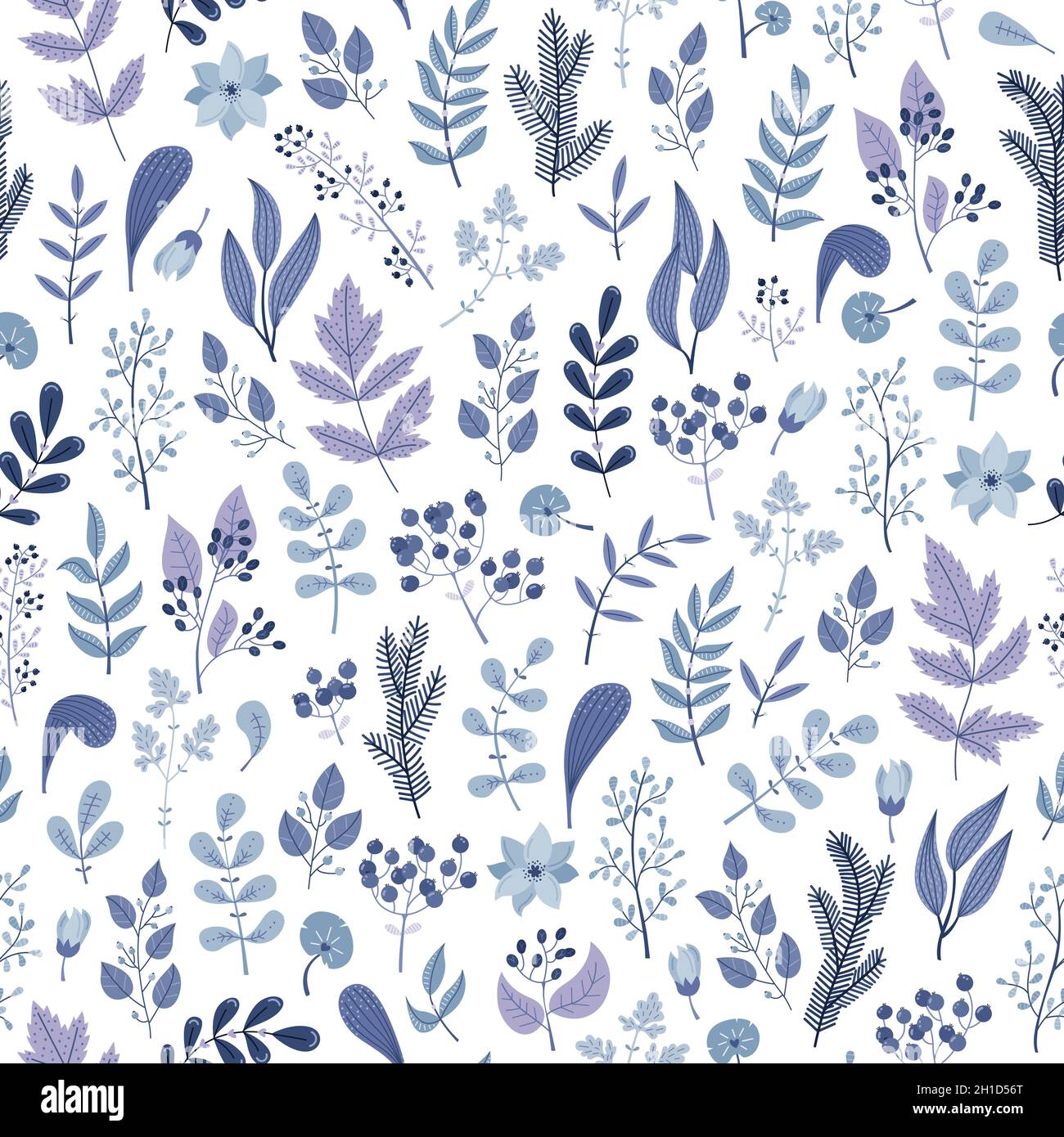 WInter seamless pattern with blue plants and flowers. Stock Vector