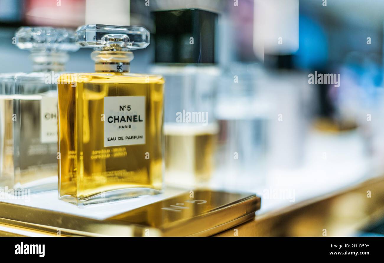 SINGAPORE - MAR 5, 2020: Bottles of Chanel No. 5 perfume on a store shelf Stock Photo