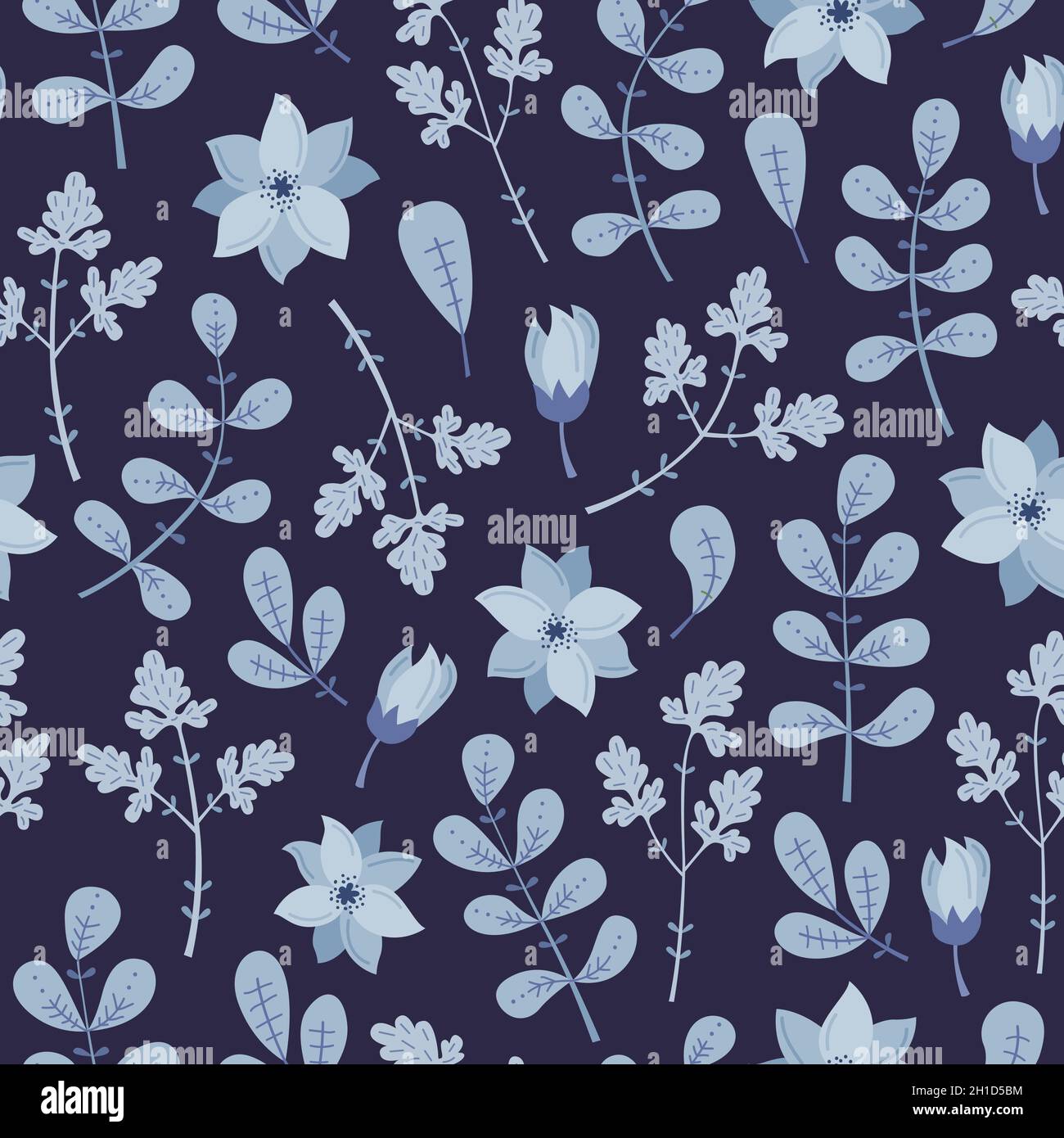 WInter seamless pattern with blue plants and flowers. Stock Vector