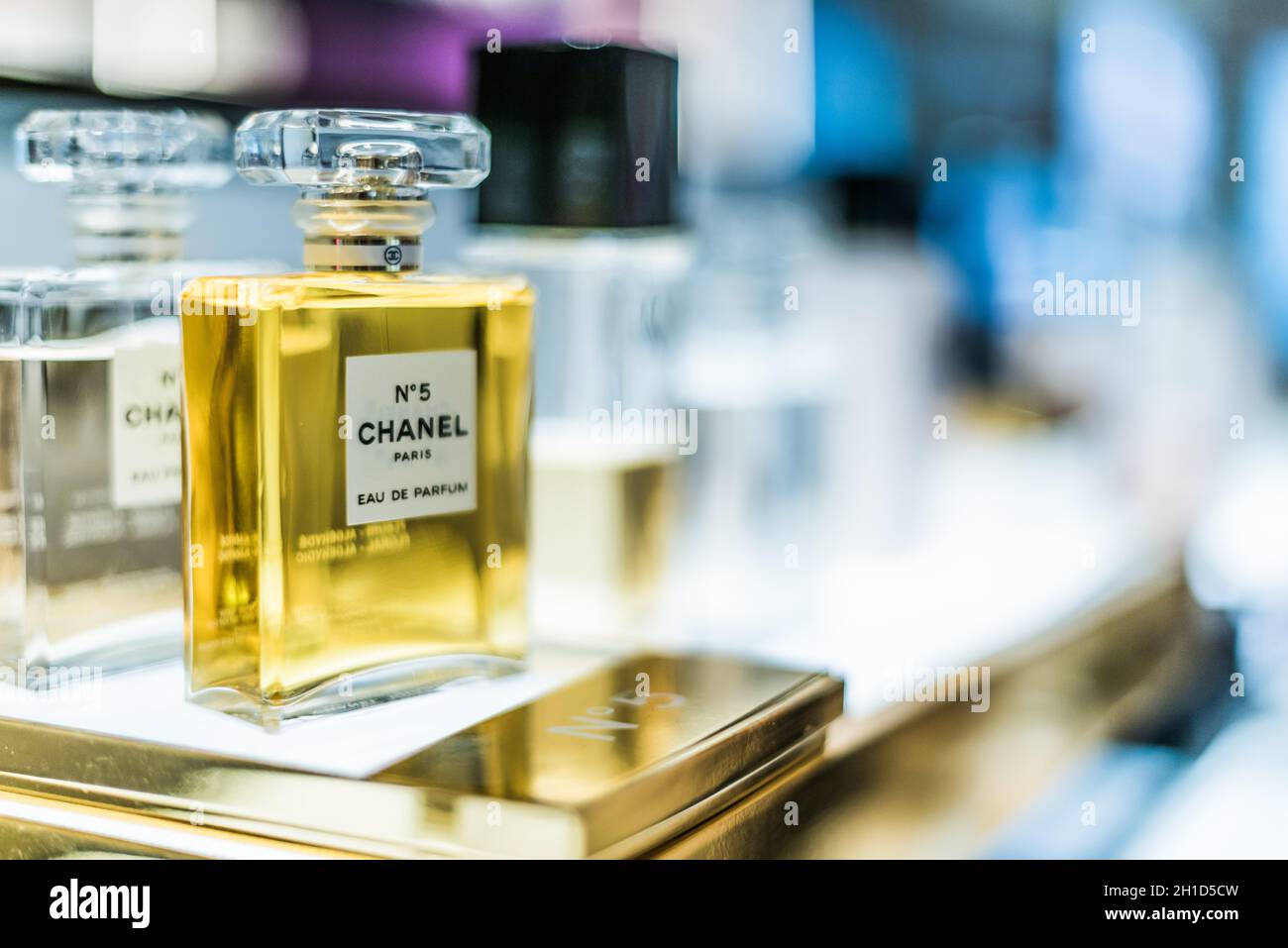 SINGAPORE - MAR 5, 2020: Bottles of Chanel No. 5 perfume on a store shelf Stock Photo