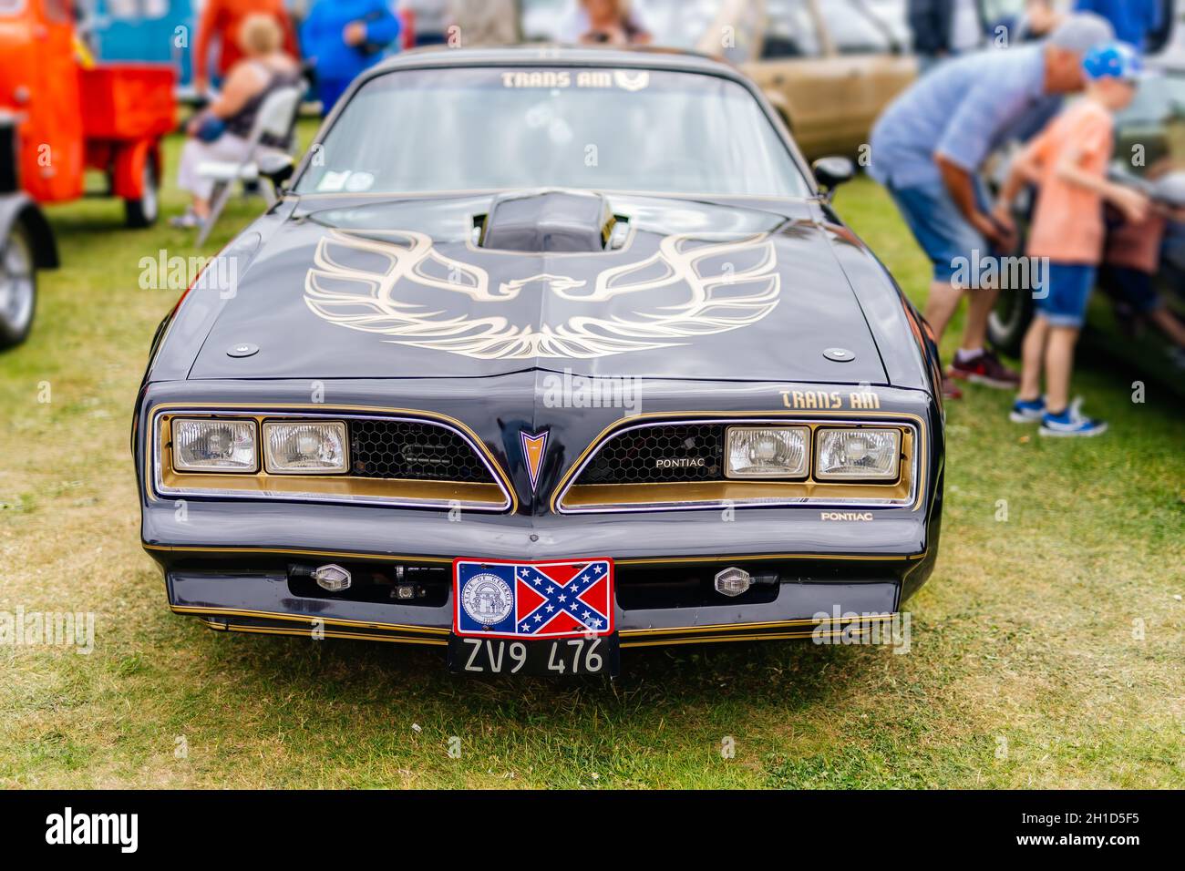 Bray, Ireland, June 2018 Bray Vintage Car Club show with open air retro cars display. Front view on black Pontiac Firebird from 1979 Stock Photo