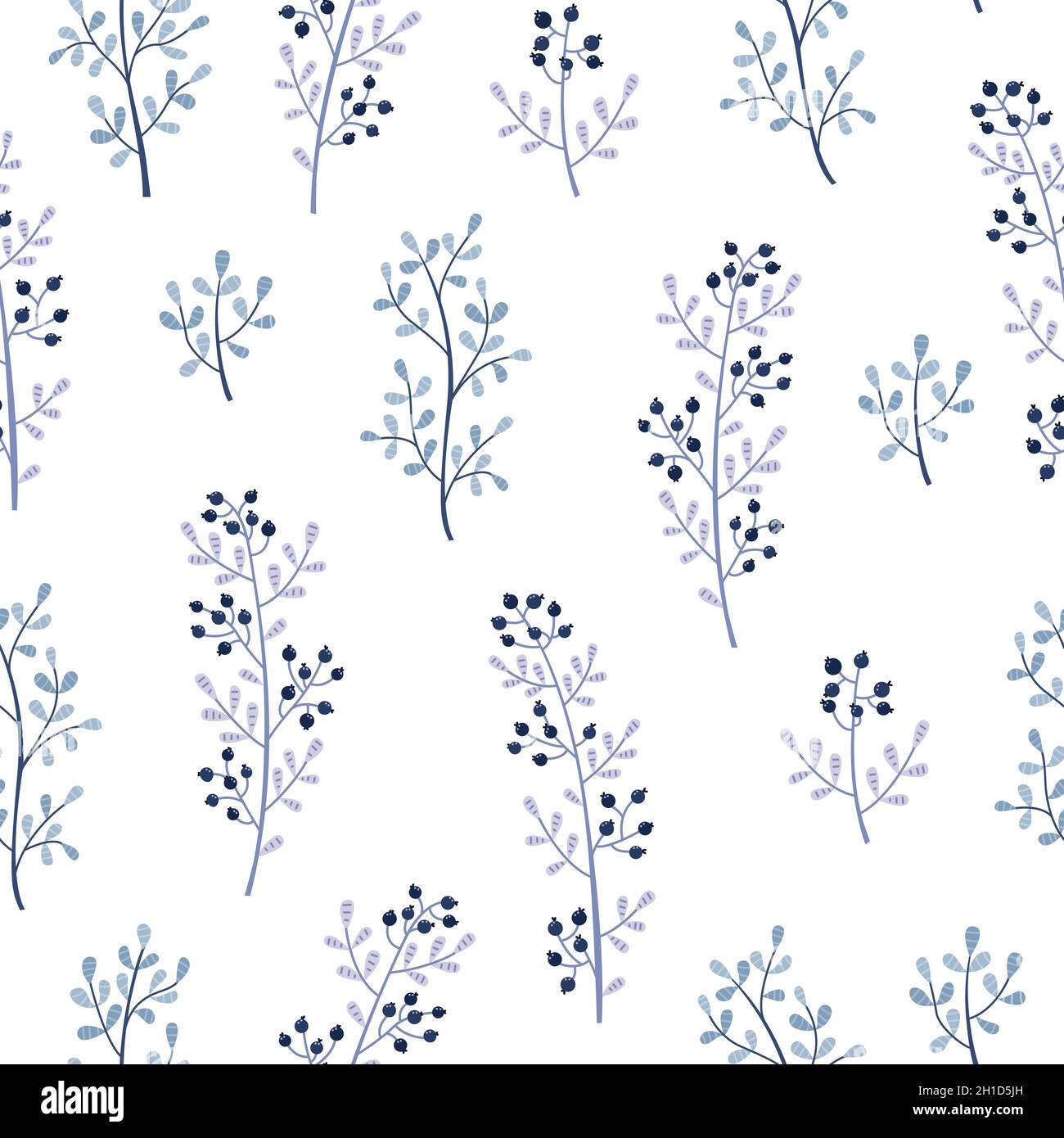 WInter seamless pattern with blue plants and flowers. Stock Vector