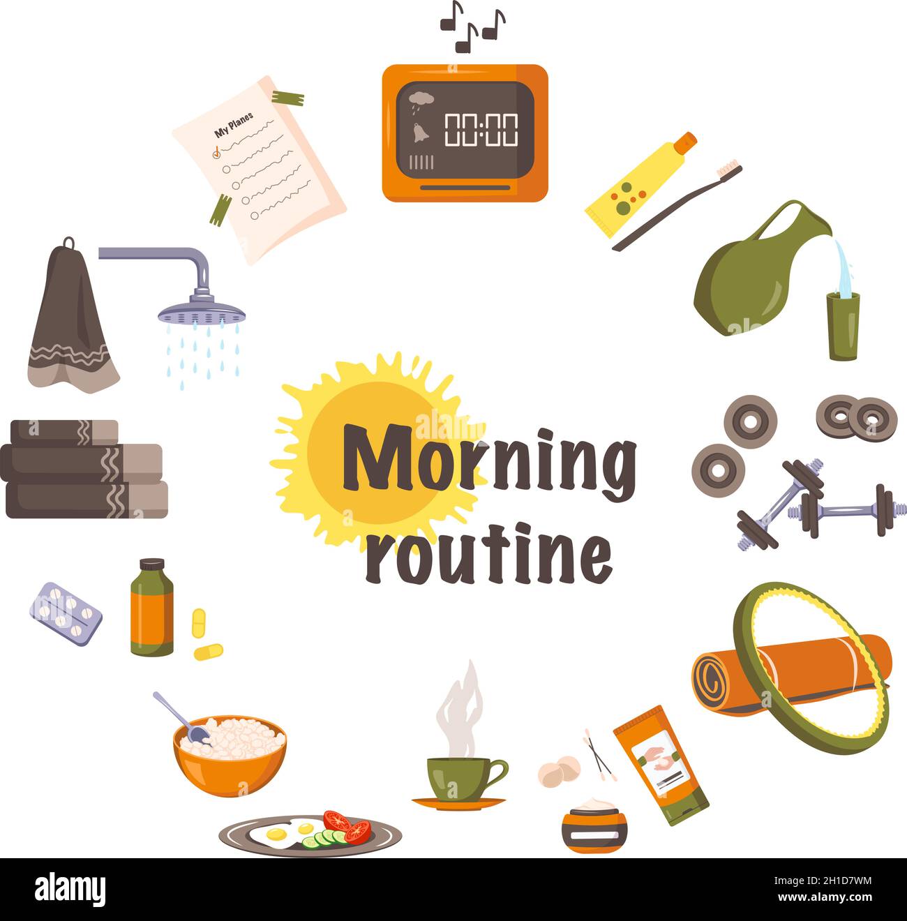 Set items for morning routine. Wake up by alarm, brushing teeth and washing face, do sports, fitness or yoga, beauty treatment, eat food and vitamin, shower and plan day. Healthy start day concept Stock Vector