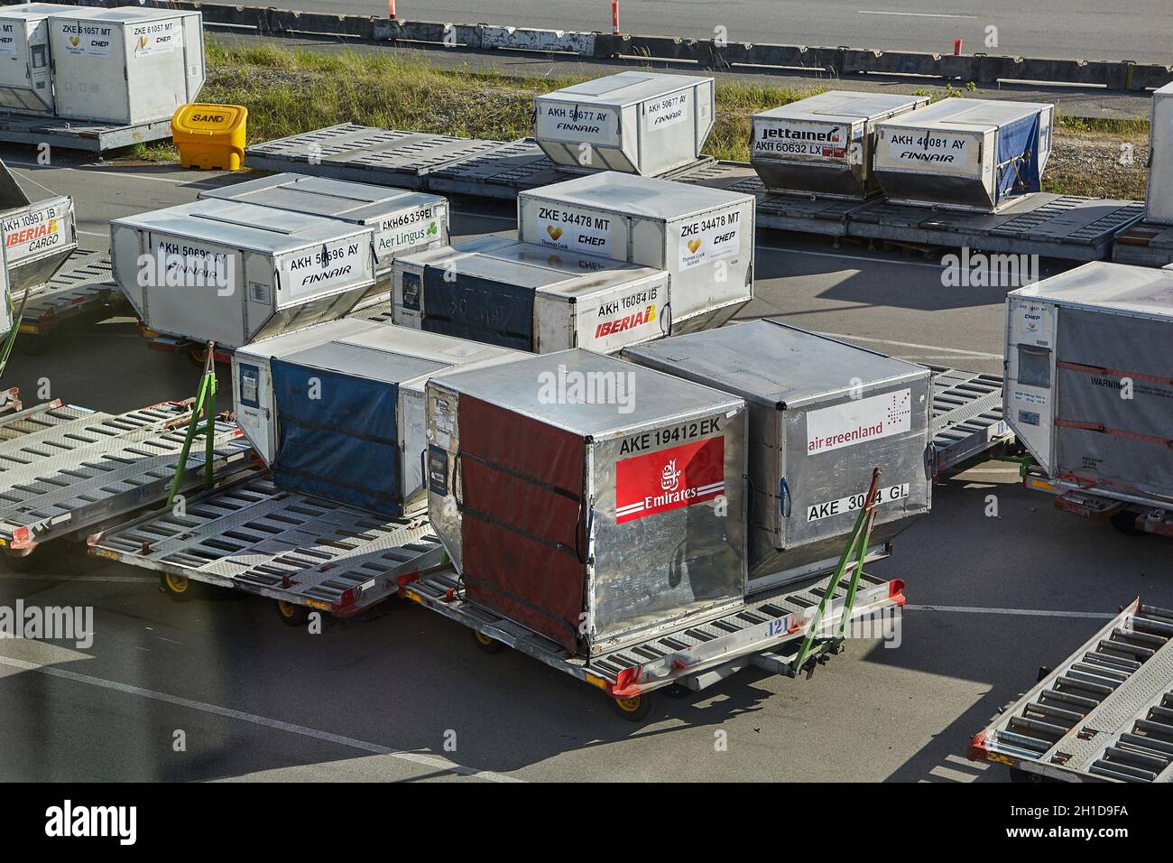COPENHAGEN, DENMARK - MAY 13, 2016: Air cargo unit load devices at Kastrup international airport Stock Photo