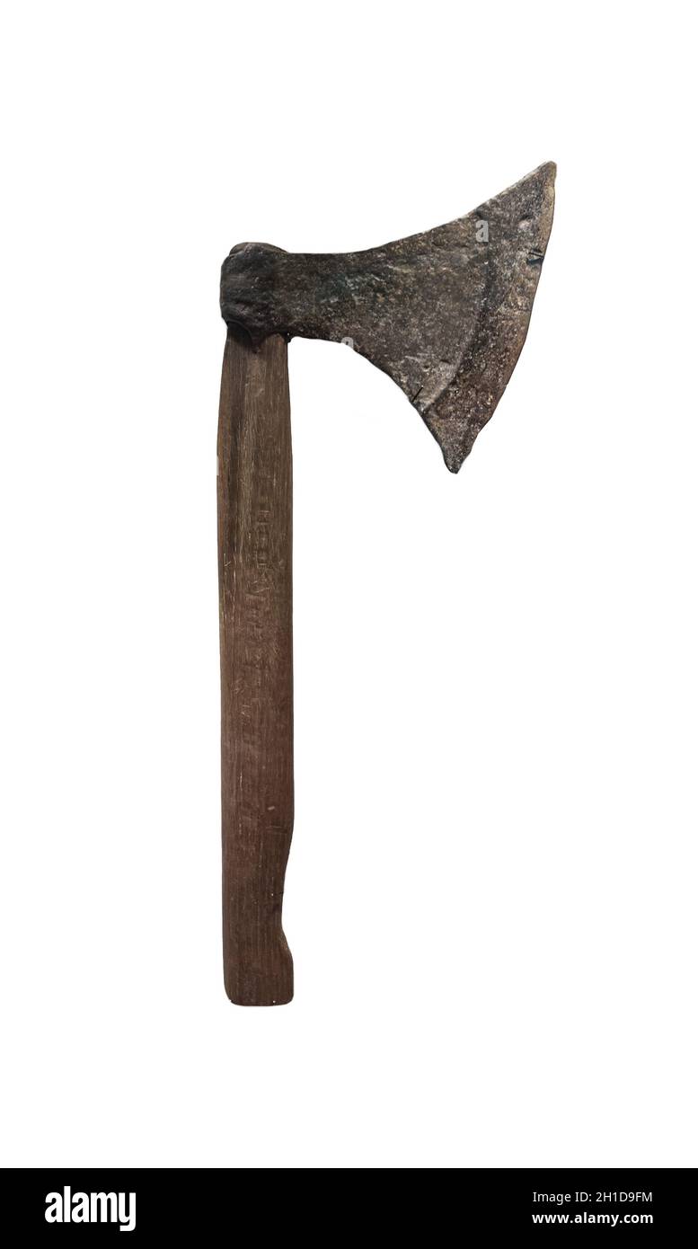 Viking Age battle axehead with replica wooden handle. Archaeology National Museum of Ireland Stock Photo