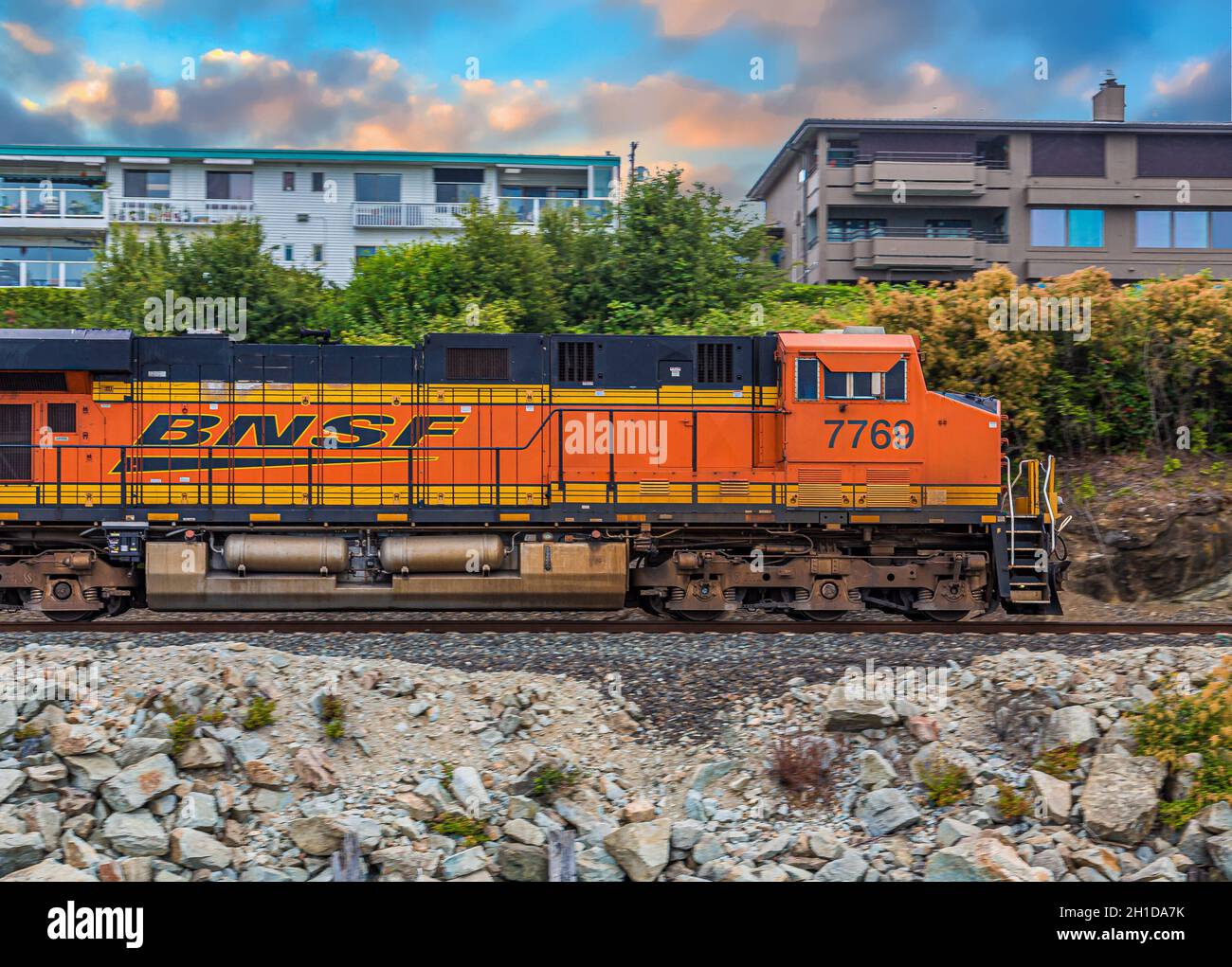 BELLINGHAM, WASHINGTON - July 7, 2019: Rail transport is an energy-efficient but capital-intensive means of land transport. Tracks provide smooth and Stock Photo