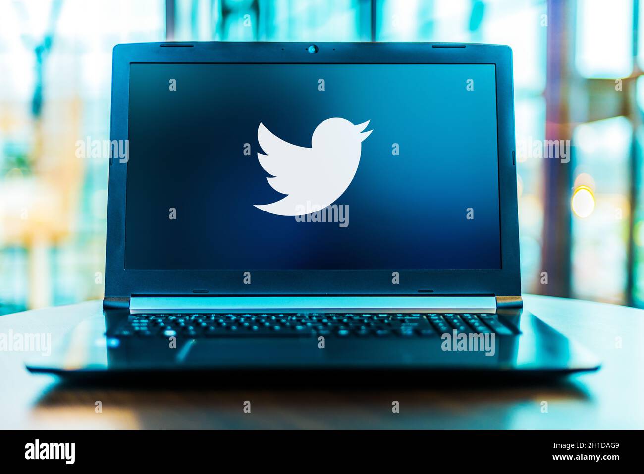 POZNAN, POL - MAR 24, 2020: Laptop computer displaying logo of Twitter, an American online microblogging and social networking service Stock Photo