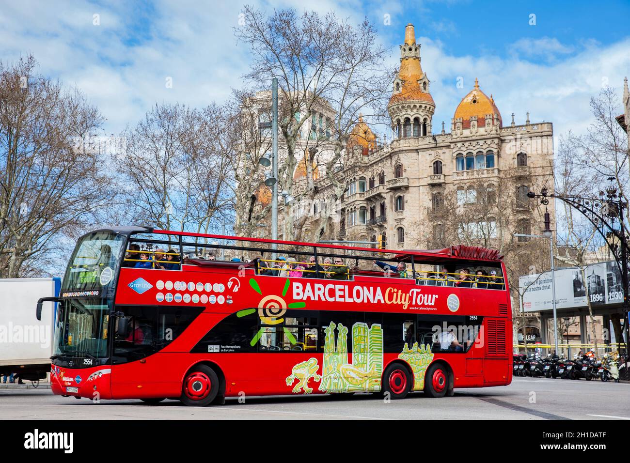 BARCELONA - MARCH, 2018: Touristic bus at Gran Via de les Corts Catalanes in Barcelona Spain Stock Photo