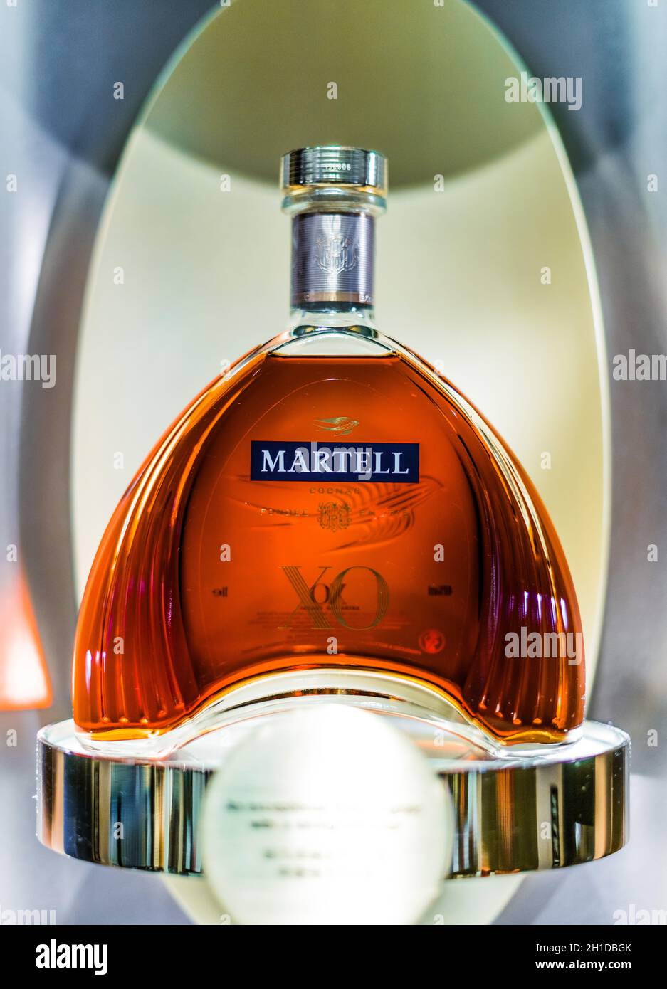 SINGAPORE - MAR 7, 2020: Bottle of Martell Cognac, a brand