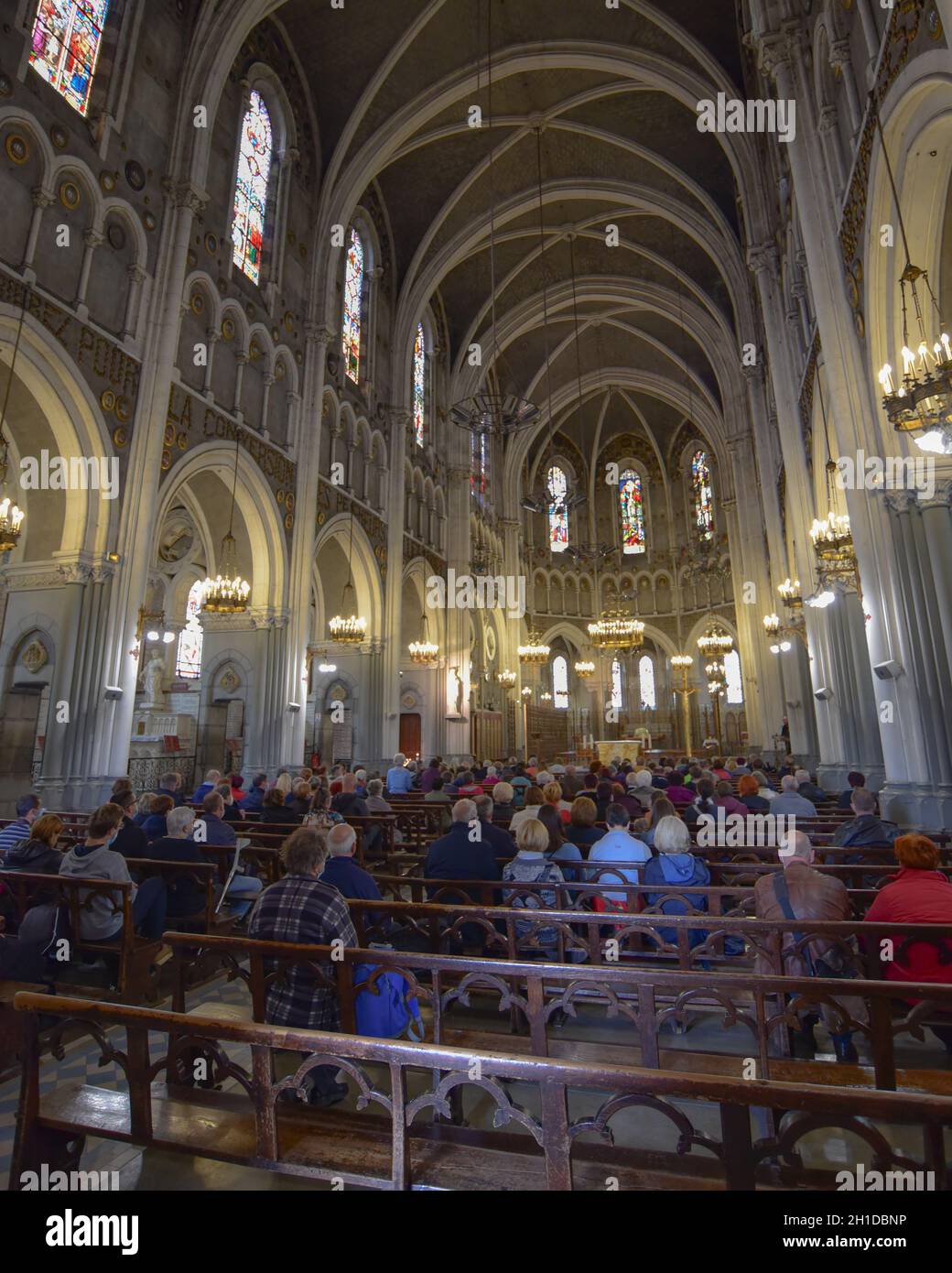 Lourdes, France - 9 Oct 2021: Mass service at the Chapel of the Asencion in the Rosary Basilica of Lourdes Stock Photo