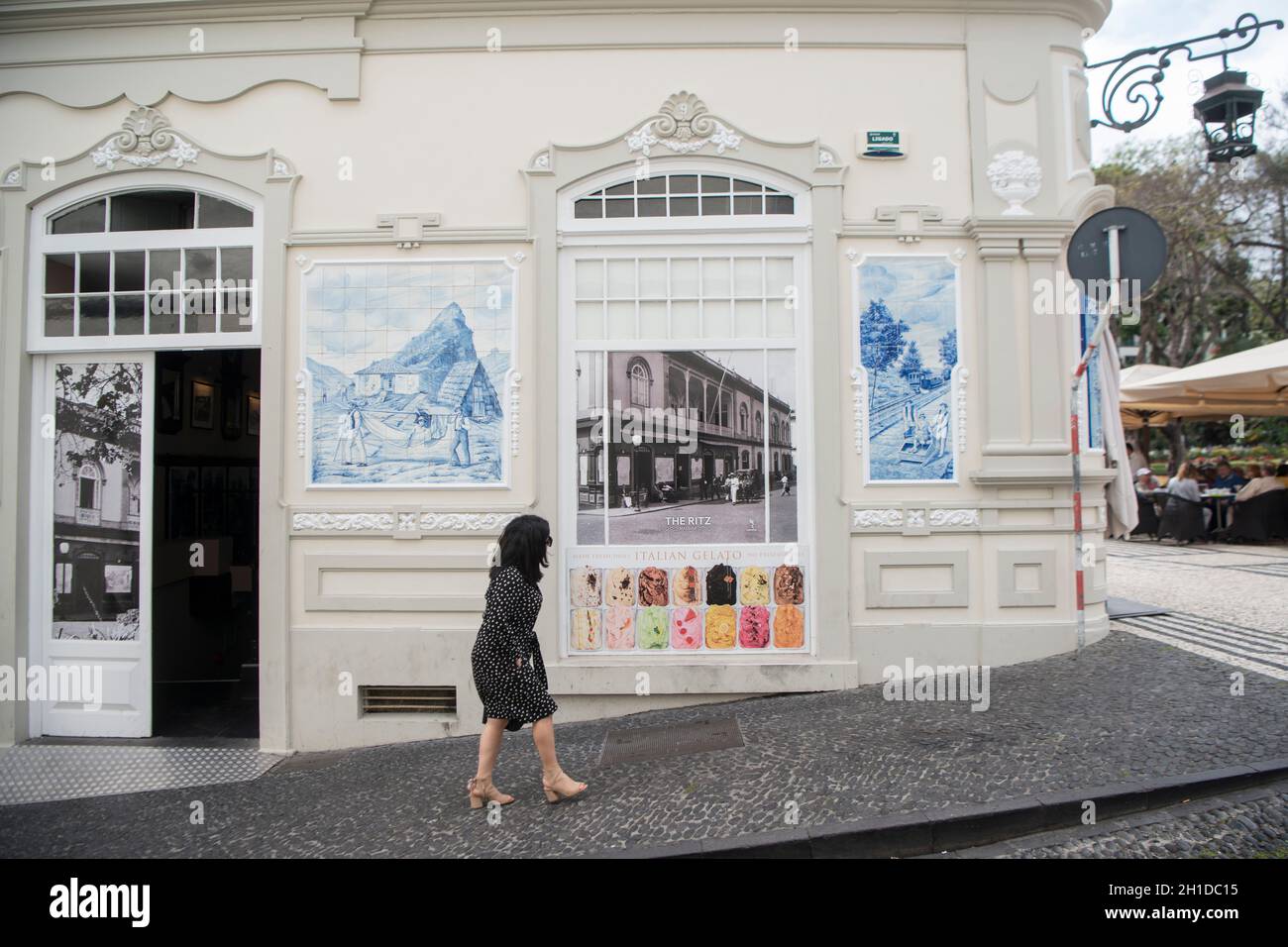 the handmade tiles or azulejo on the wall of the cafe Ritz in the city centre of Funchal on the Island Madeira of Portugal.   Portugal, Madeira, April Stock Photo