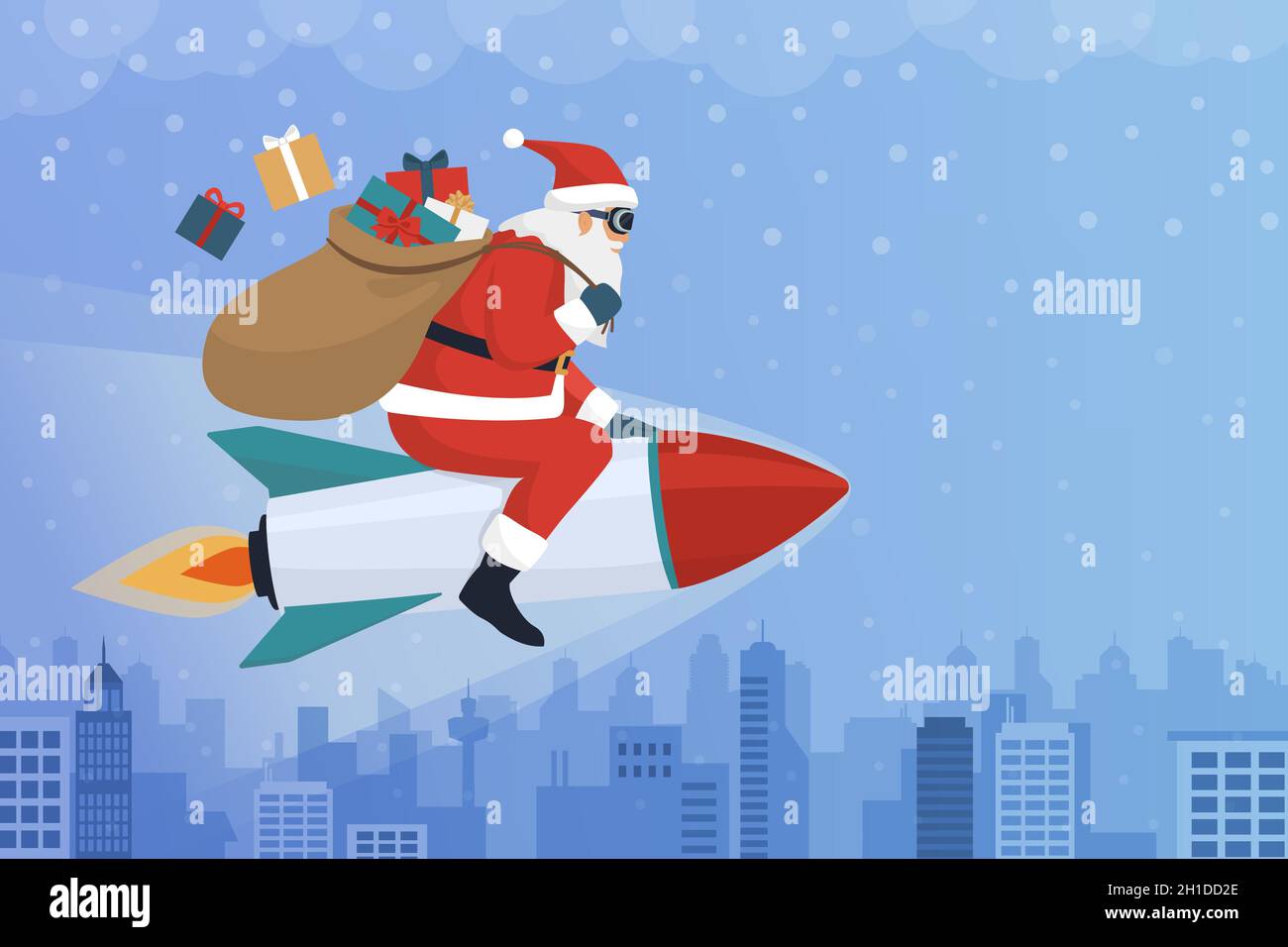 Happy Santa Claus riding a rocket over the city and carrying Christmas gifts in his sack Stock Vector