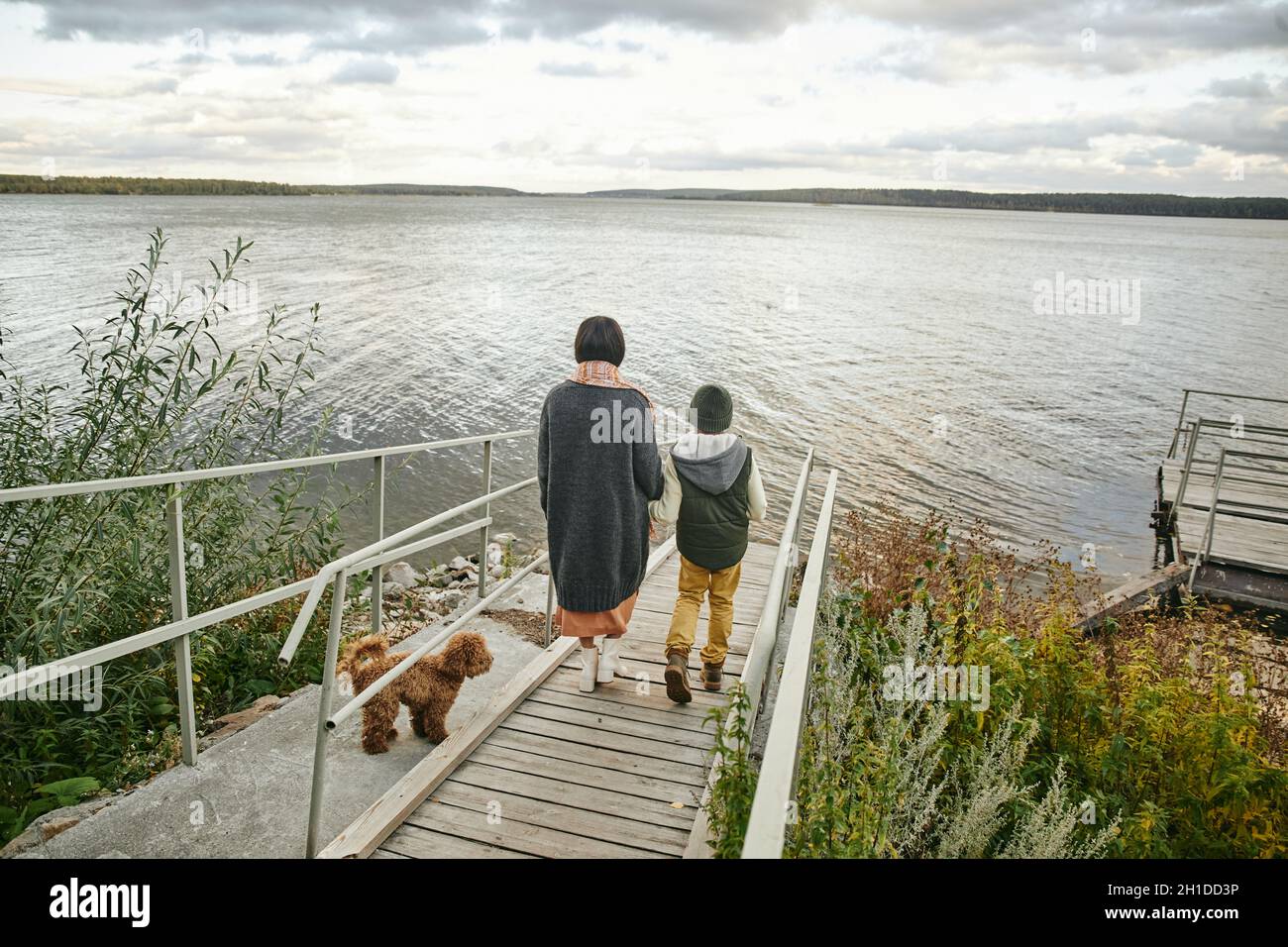 Rear view of mother walking along the bridge to the lake together with her son and dog Stock Photo