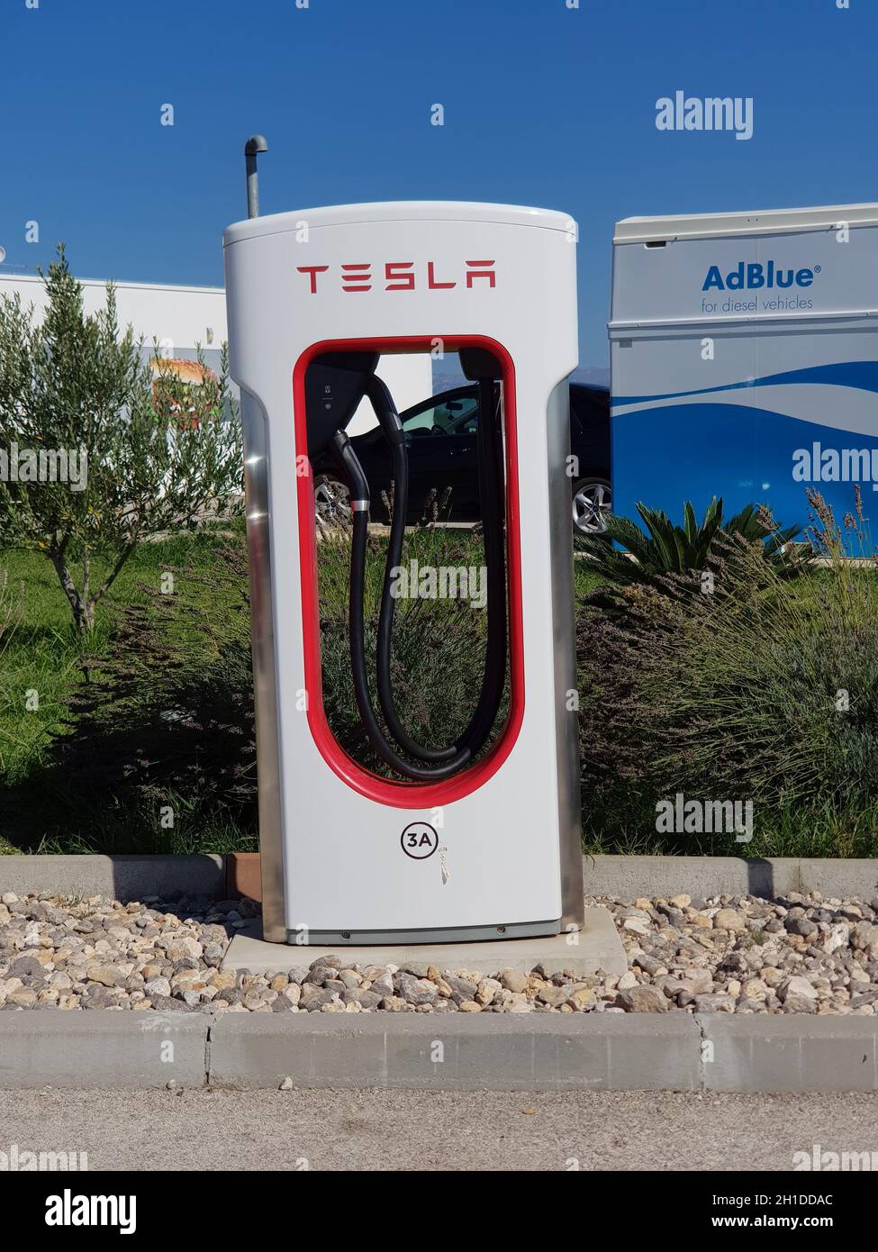 ZADAR, CROATIA Sep 25, 2021 A Tesla Supercharger station for