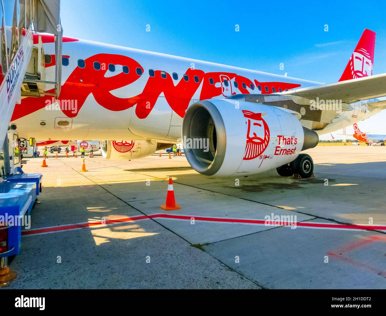 Kiev, Ukraine September 10, 2019 The Ernest Airline aircraft low