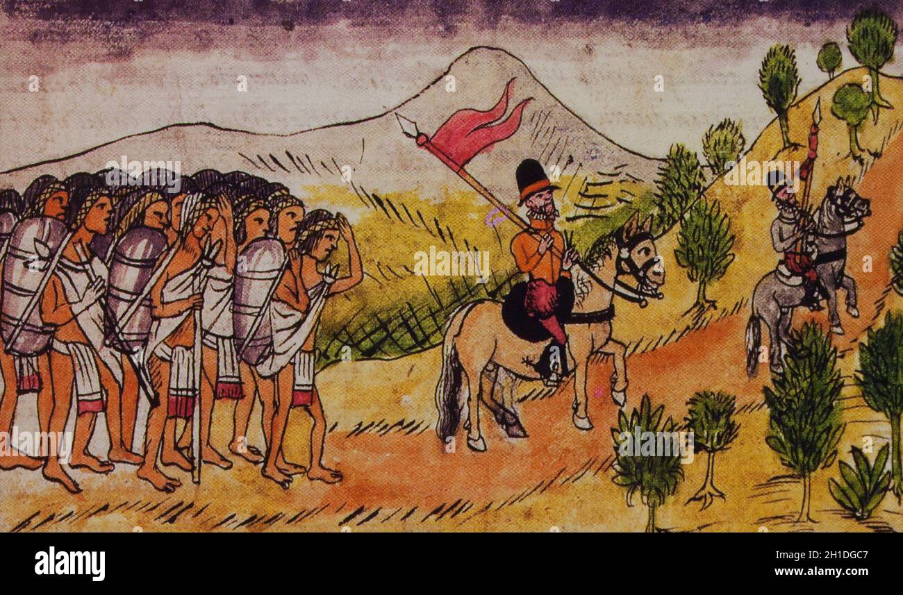 Hernan Cortes marching with Tlaxcalan Allies. Duran Codex or History of the Indies of New Spain. Biblioteca Nacional, Madrid, Spain Stock Photo