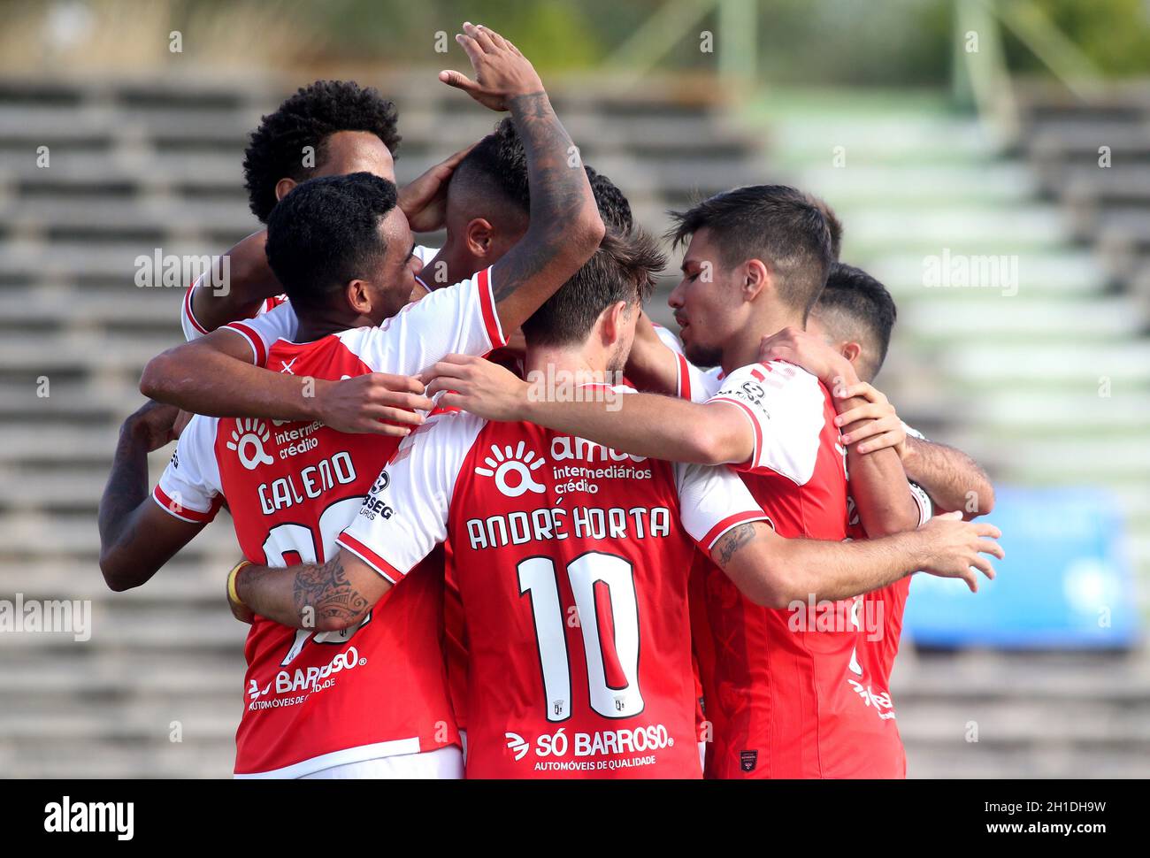 LAVRADIO, PORTUGAL - OCTOBER 16: Bruno Rodrigues of SC Braga celebrates with team mates after scoring a Goal ,during the Portuguese Cup match between UFC Moitense and SC Braga at Estadio Alfredo Da Silva on October 17, 2021 in Lavradio, Portugal. (MB Media) Stock Photo