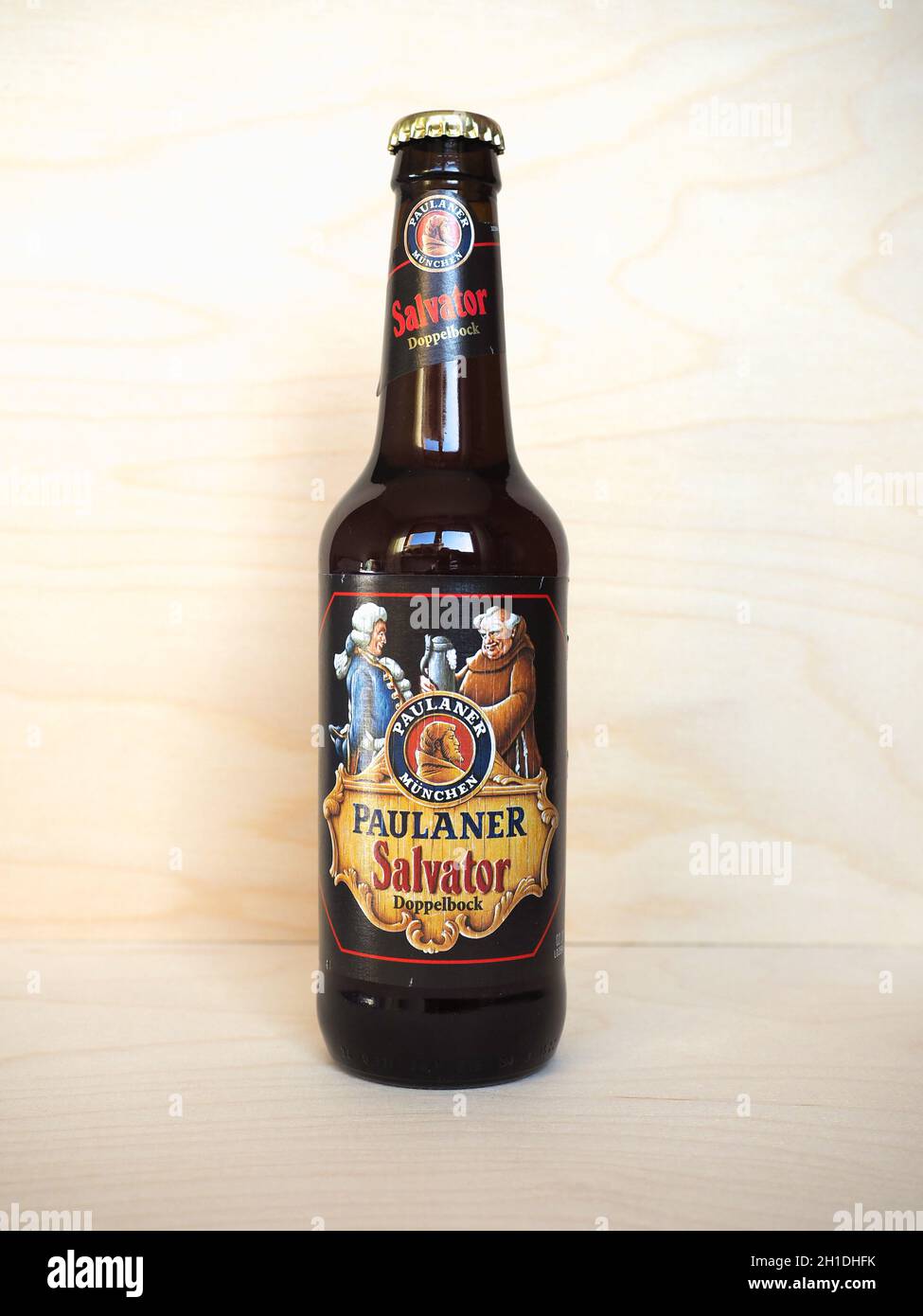 MUENCHEN, GERMANY - CIRCA MARCH 2020: Paulaner Salvator beer bottle ...