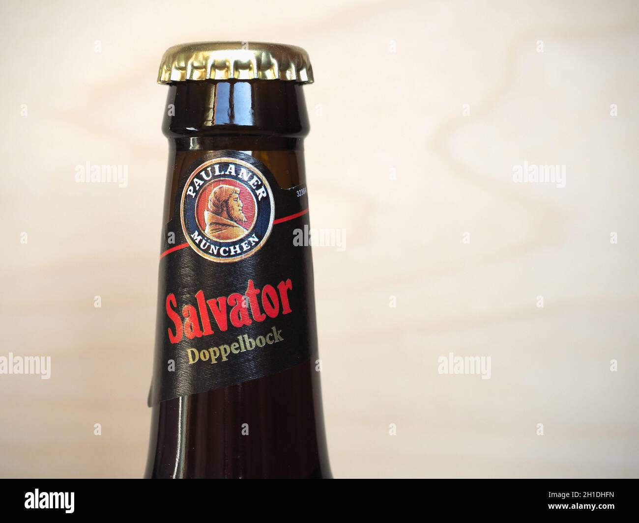 MUENCHEN, GERMANY - CIRCA MARCH 2020: Paulaner Salvator beer bottle ...