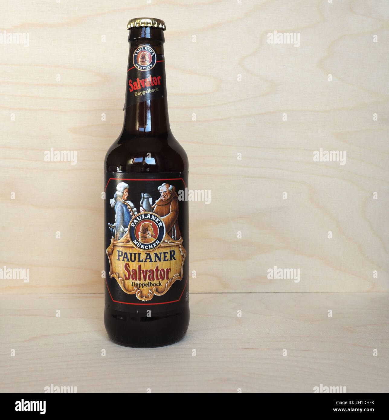 MUENCHEN, GERMANY - CIRCA MARCH 2020: Paulaner Salvator beer bottle ...