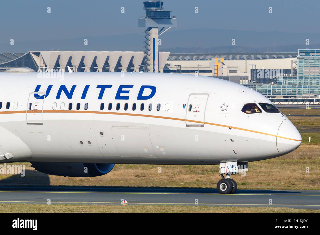 Frankfurt, Germany – April 7, 2020: United Airlines Boeing 787-9 Dreamliner airplane at Frankfurt airport (FRA) in Germany. Boeing is an American airc Stock Photo