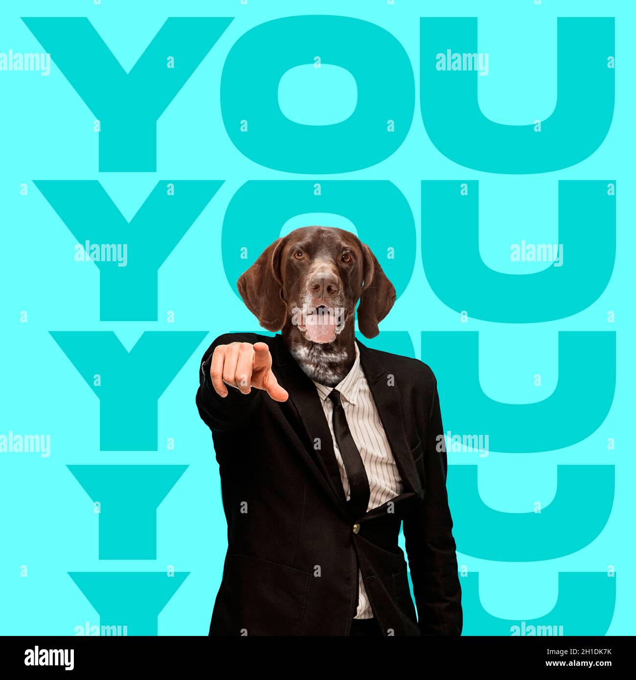 https://c8.alamy.com/comp/2H1DK7K/contemporary-art-collage-of-man-in-black-official-suit-with-dog-head-isolated-over-mint-background-with-lettering-2H1DK7K.jpg