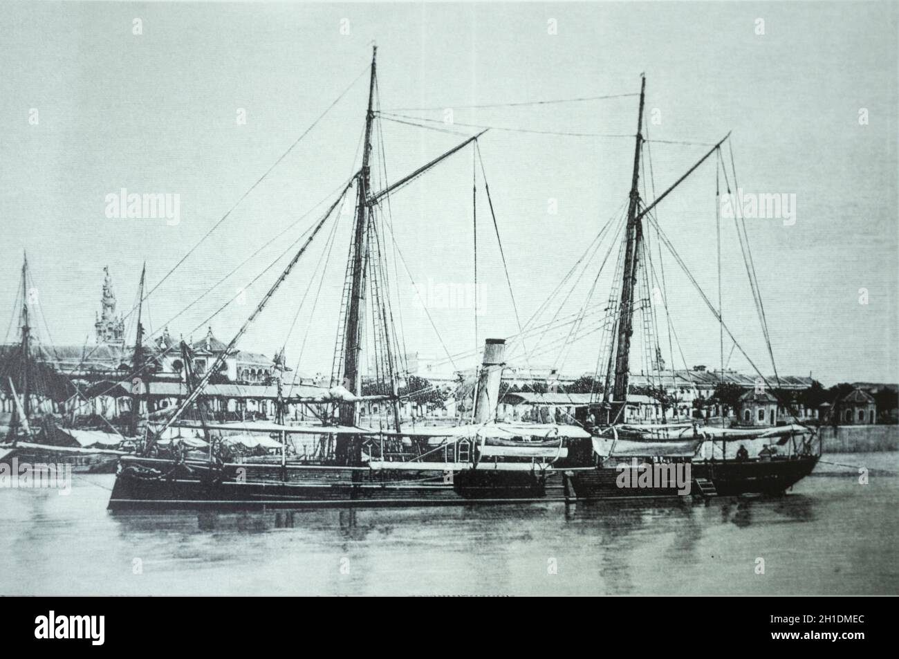 Small iron-hulled gunboat Eulalia. Xylograph from La Ilustracion Espanola y Americana. Alejandro Anca Collection Stock Photo