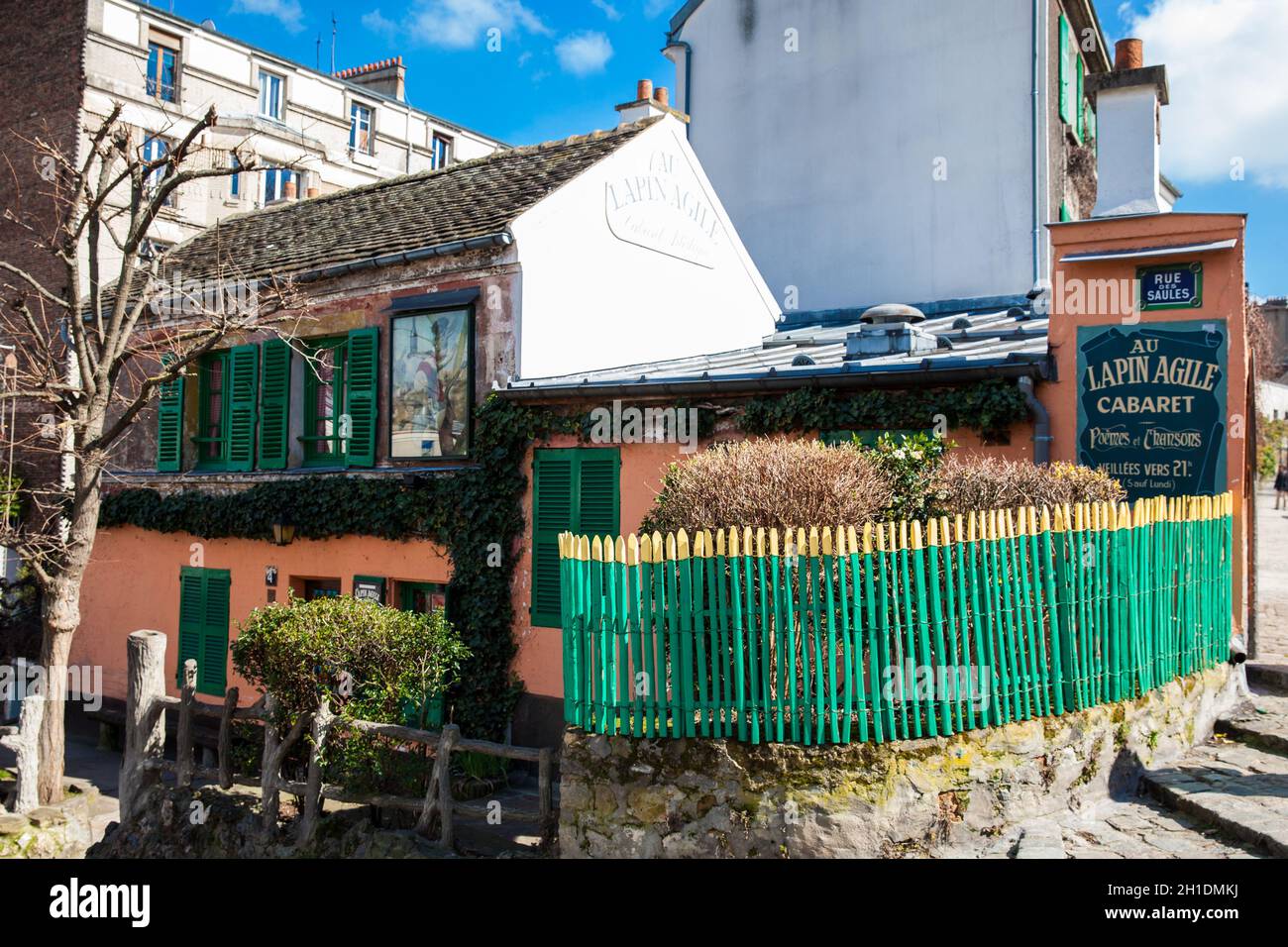PARIS, FRANCE - MARCH, 2018: Famous cabaret called the agile rabbit located at a corner on the steep streets of Montmartre neighborhood in Paris Stock Photo