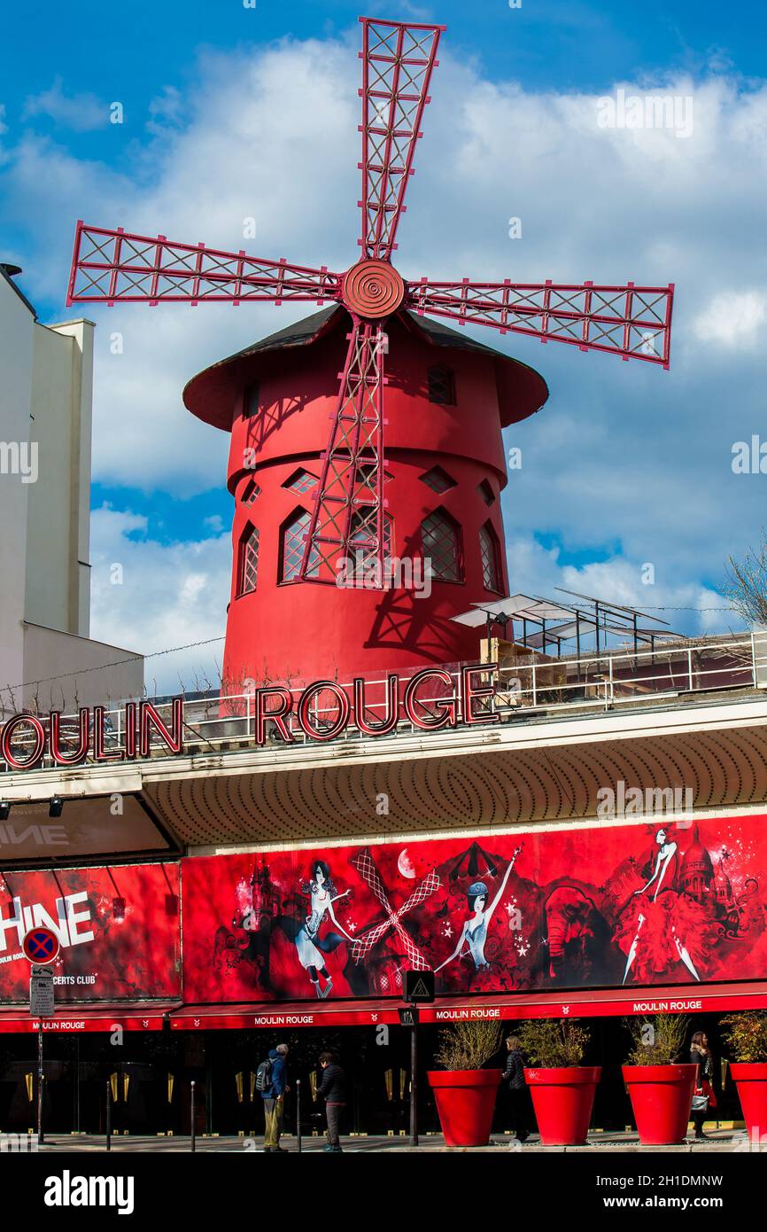 PARIS, FRANCE - MARCH, 2018: The famous Moulin Rouge cabaret facade Stock Photo