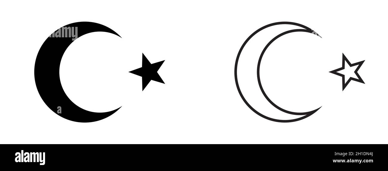 Crescent moon with star icon. Religious symbol of Islam. Vector illustration. Black linear icons