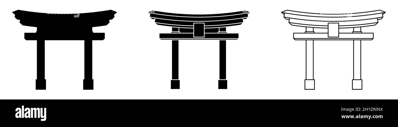 Japanese gate Torii. Torii gate black symbols set. Religious symbol of Shintoism. Vector illustration. Stock Vector